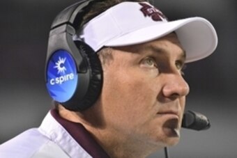 Nov 28, 2015; Starkville, MS, USA; Mississippi State Bulldogs head coach Dan Mullen looks up at the scoreboard during the second quarter of the game against the Mississippi Rebels at Davis Wade Stadium. Mandatory Credit: Matt Bush-USA TODAY Sports
