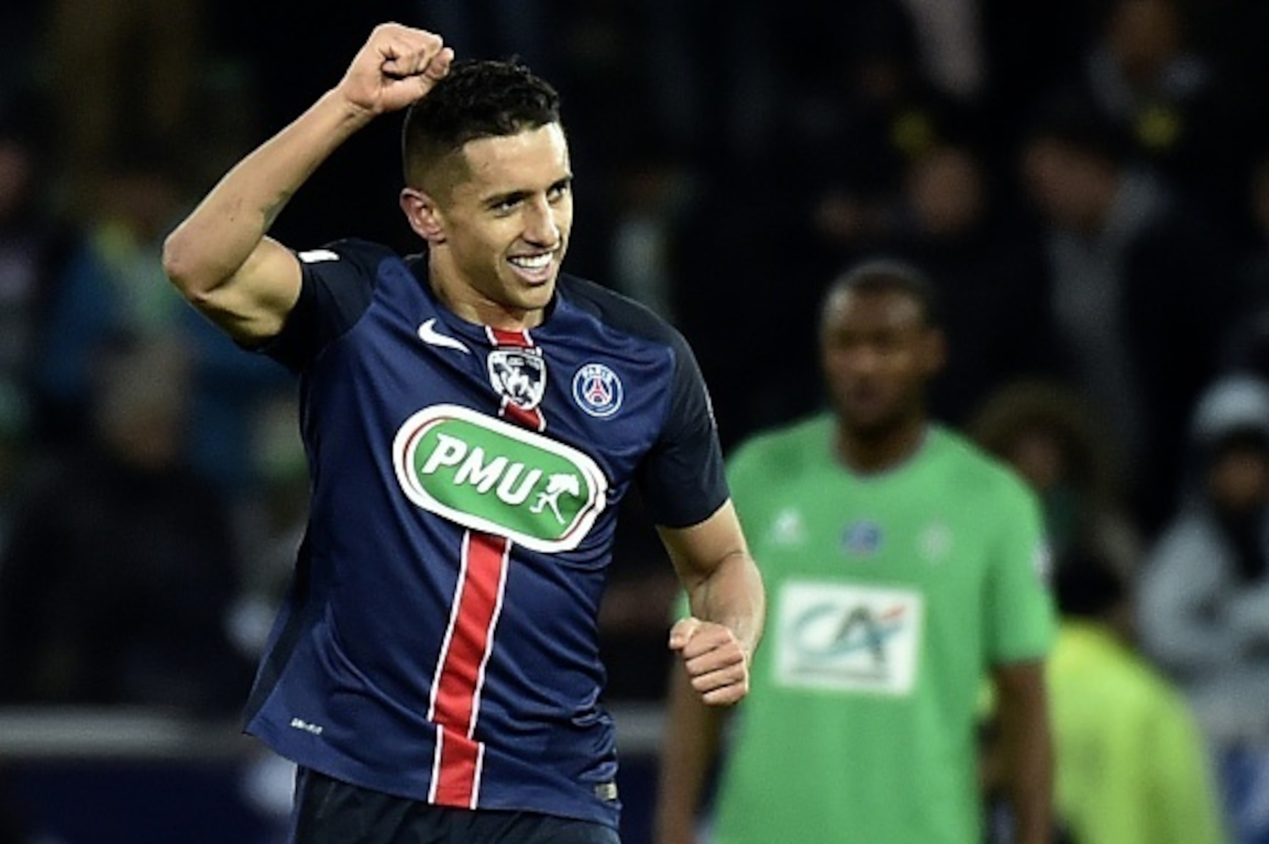 ALTERNATIVE CROP
Paris Saint-Germain's Brazilian defender Marquinhos (R) celebrates after scoring a goal during the French Cup football match between AS Saint-Etienne (ASSE) and Paris Saint-Germain (PSG) on March 2, 2016, at the Geoffroy Guichard Stadium ALTERNATIVE CROP
Paris Saint-Germain's Brazilian defender Marquinhos (R) celebrates after scoring a goal during the French Cup football match between AS Saint-Etienne (ASSE) and Paris Saint-Germain (PSG) on March 2, 2016, at the Geoffroy Guichard Stadium