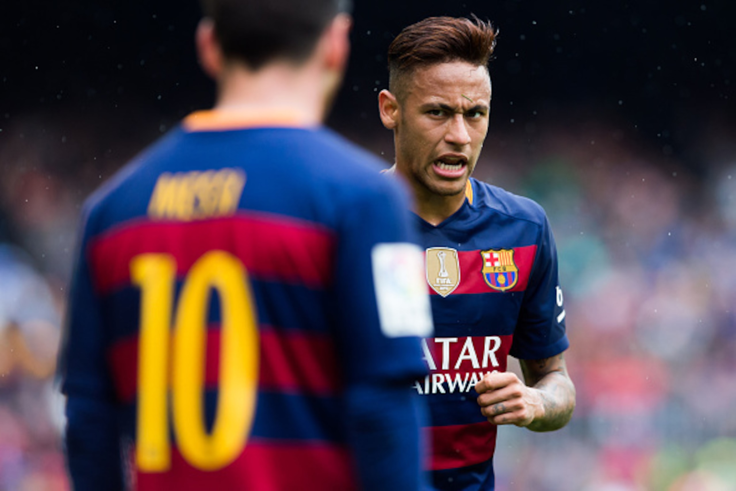 BARCELONA, SPAIN - MAY 08: Neymar Santos Jr of FC Barcelona speaks to his teammate Lionel Messi during the La Liga match between FC Barcelona and RCD Espanyol at Camp Nou on May 8, 2016 in Barcelona, Spain. (Photo by Alex Caparros/Getty Images) BARCELONA, SPAIN - MAY 08: Neymar Santos Jr of FC Barcelona speaks to his teammate Lionel Messi during the La Liga match between FC Barcelona and RCD Espanyol at Camp Nou on May 8, 2016 in Barcelona, Spain. (Photo by Alex Caparros/Getty Images)