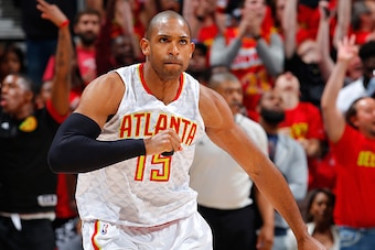 ATLANTA, GA - MAY 06:  Al Horford #15 of the Atlanta Hawks reacts after hitting a three-point basket against the Cleveland Cavaliers in Game Three of the Eastern Conference Semifinals during the 2016 NBA Playoffs at Philips Arena on May 6, 2016 in Atlanta