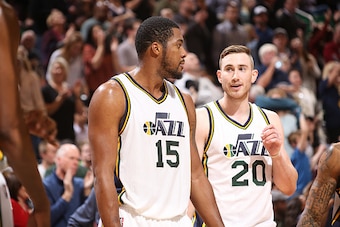 SALT LAKE CITY, UT - DECEMBER 5: Derrick Favors #15 and Gordon Hayward #20 of the Utah Jazz during the game against the Indiana Pacers on December 5, 2015 at Vivint Smart Home Arena in Salt Lake City, Utah. NOTE TO USER: User expressly acknowledges and ag