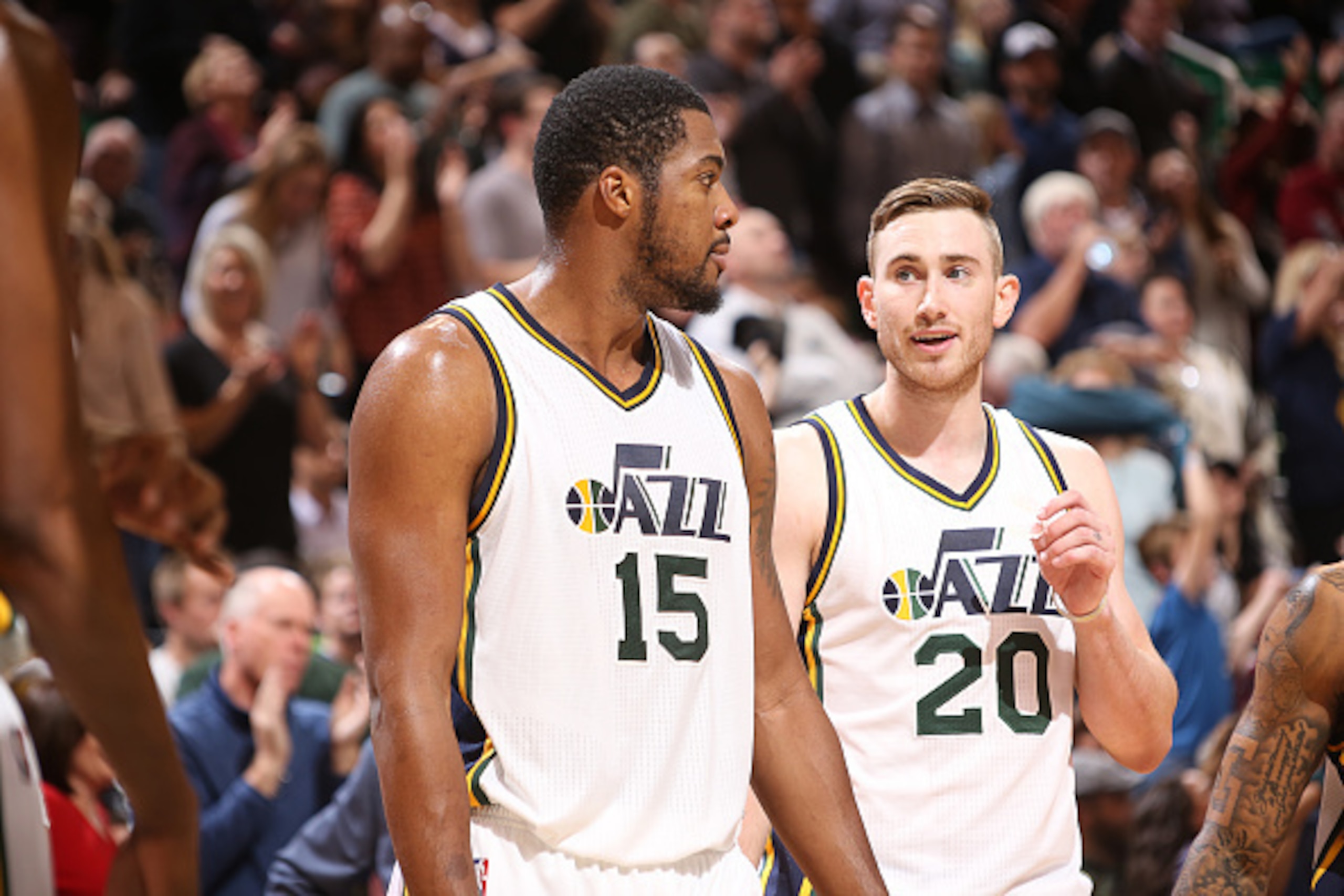 SALT LAKE CITY, UT - DECEMBER 5: Derrick Favors #15 and Gordon Hayward #20 of the Utah Jazz during the game against the Indiana Pacers on December 5, 2015 at Vivint Smart Home Arena in Salt Lake City, Utah. NOTE TO USER: User expressly acknowledges and ag