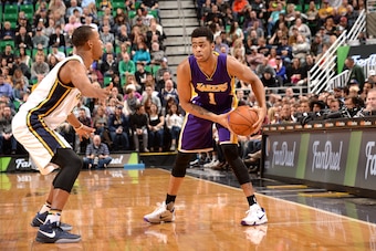 SALT LAKE CITY, UT - JANUARY 16: D'Angelo Russell #1 of the Los Angeles Lakers handles the ball during the game against the Utah Jazz on January 16, 2016 at EnergySolutions Arena in Salt Lake City, Utah. NOTE TO USER: User expressly acknowledges and agree
