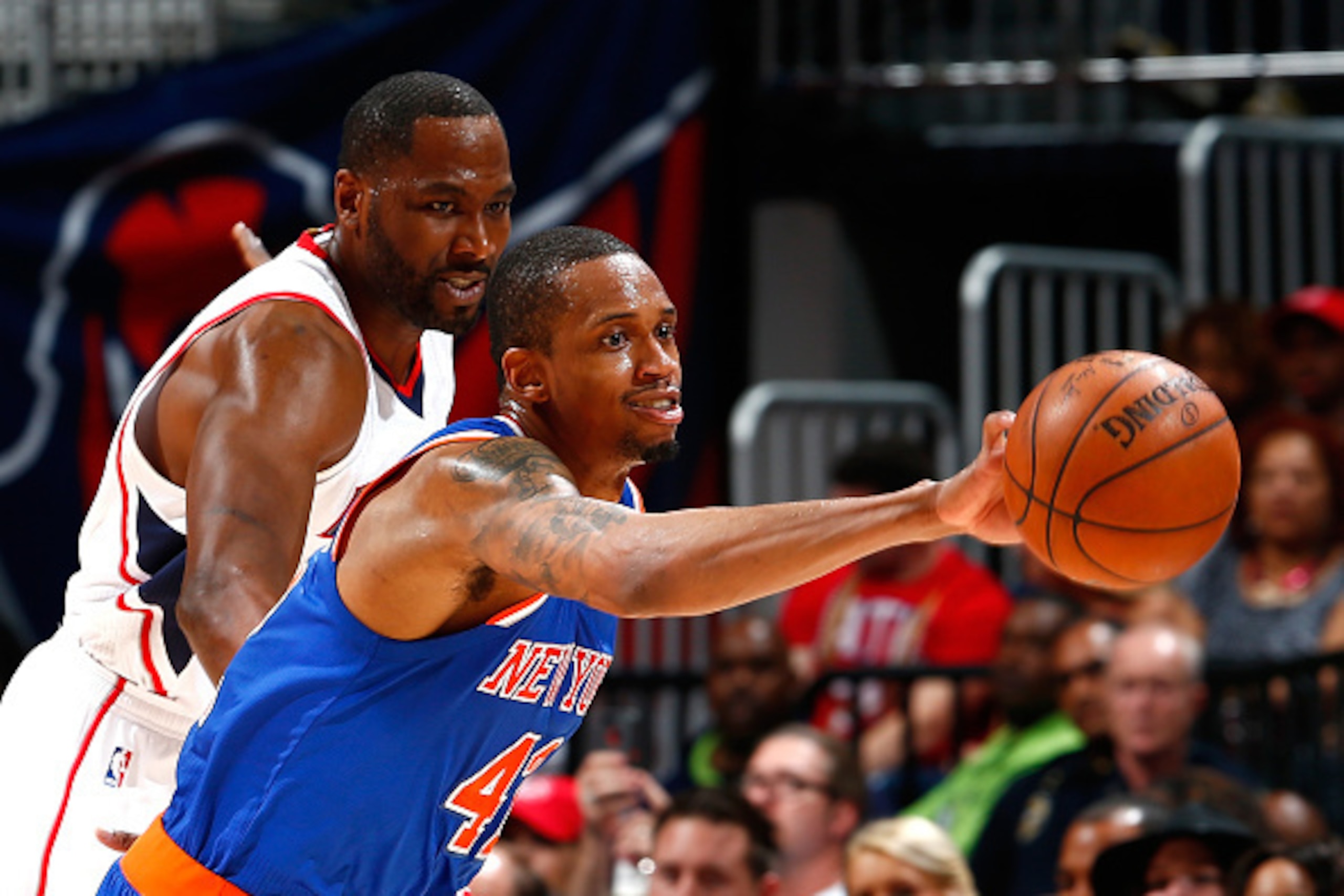 ATLANTA, GA - APRIL 13: Lance Thomas #42 of the New York Knicks steals the ball from Elton Brand #7 of the Atlanta Hawks at Philips Arena on April 13, 2015 in Atlanta, Georgia. NOTE TO USER: User expressly acknowledges and agrees that, by downloading an ATLANTA, GA - APRIL 13: Lance Thomas #42 of the New York Knicks steals the ball from Elton Brand #7 of the Atlanta Hawks at Philips Arena on April 13, 2015 in Atlanta, Georgia. NOTE TO USER: User expressly acknowledges and agrees that, by downloading an