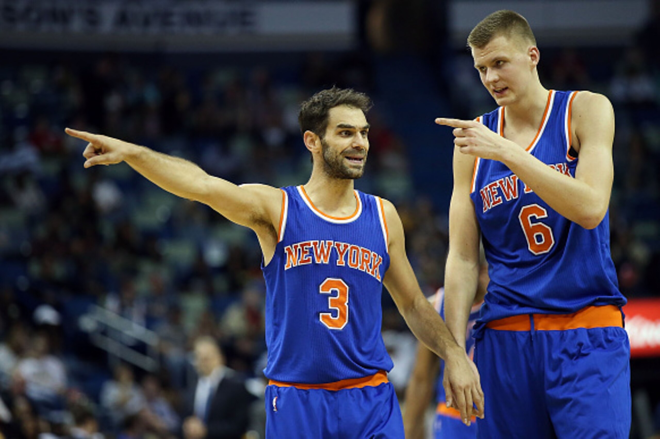 NEW ORLEANS, LA - MARCH 28: Jose Calderon #3 of the New York Knicks and Kristaps Porzingis #6 of the New York Knicks react to a call during the second half against the New Orleans Pelicans at the Smoothie King Center on March 28, 2016 in New Orleans, Lou NEW ORLEANS, LA - MARCH 28: Jose Calderon #3 of the New York Knicks and Kristaps Porzingis #6 of the New York Knicks react to a call during the second half against the New Orleans Pelicans at the Smoothie King Center on March 28, 2016 in New Orleans, Lou