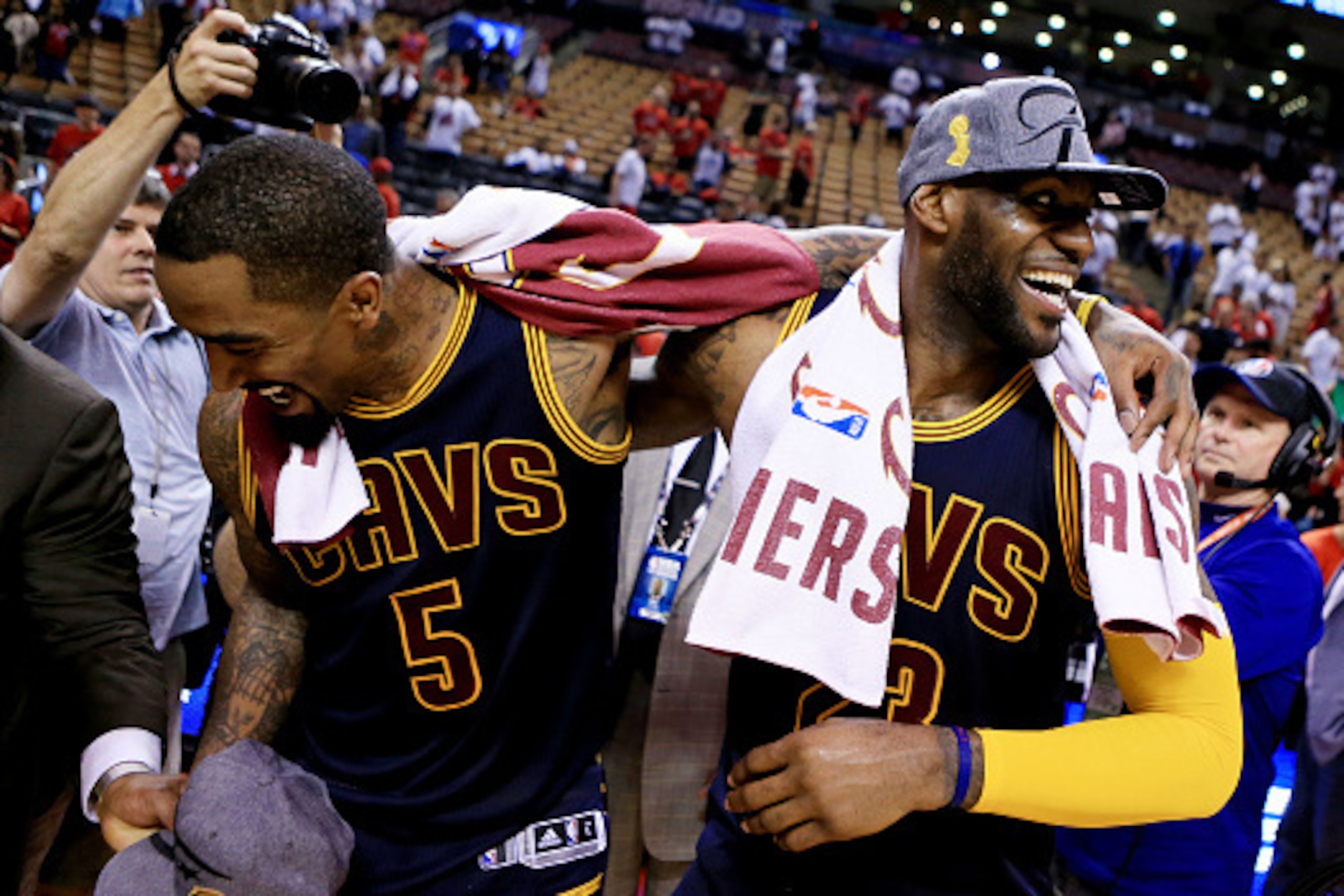 TORONTO, ON - MAY 27: LeBron James #23 and J.R. Smith #5 of the Cleveland Cavaliers celebrate their 113 to 87 win over the Toronto Raptors in game six of the Eastern Conference Finals during the 2016 NBA Playoffs at Air Canada Centre on May 27, 2016 in T TORONTO, ON - MAY 27: LeBron James #23 and J.R. Smith #5 of the Cleveland Cavaliers celebrate their 113 to 87 win over the Toronto Raptors in game six of the Eastern Conference Finals during the 2016 NBA Playoffs at Air Canada Centre on May 27, 2016 in T