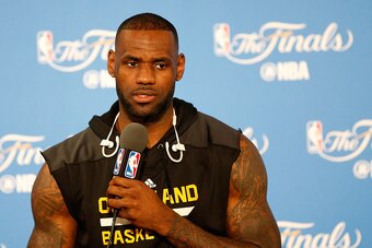 OAKLAND, CA - JUNE 01:  LeBron James #23 of the Cleveland Cavaliers answers questions from the media before practice for the 2016 NBA Finals at ORACLE Arena on June 1, 2016 in Oakland, California. The Warriors will take on the Cavaliers on June 2, 2016. N