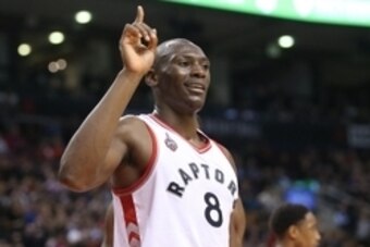 Mar 10, 2016; Toronto, Ontario, CAN; Toronto Raptors center Bismack Biyombo (8) wags his finger after blocking a shot by Atlanta Hawks player Paul Millsap (not pictured) at Air Canada Centre. The Raptors beat the Hawks 104-96. Mandatory Credit: Tom Szczer