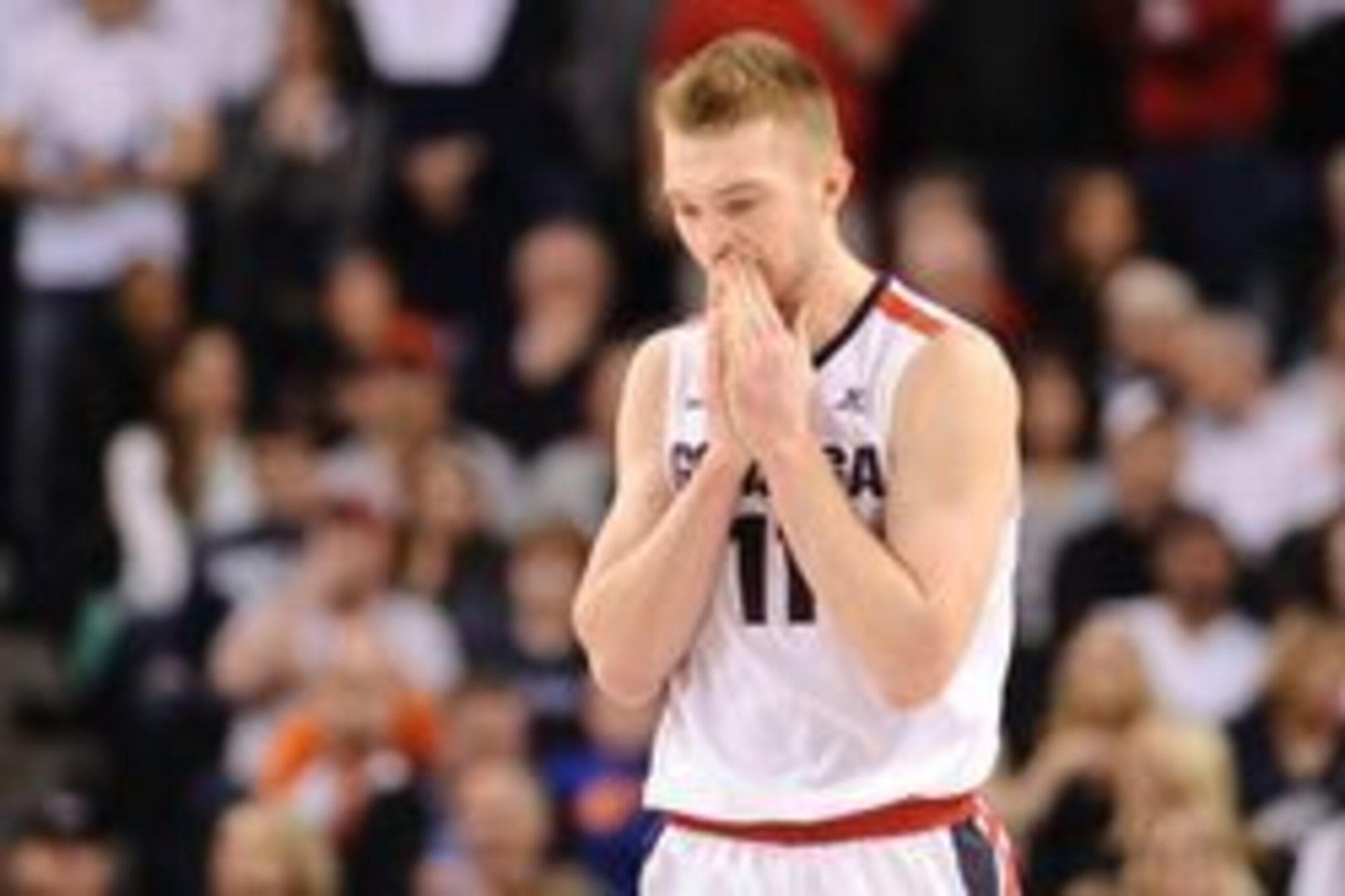 Feb 20, 2016; Spokane, WA, USA; Gonzaga Bulldogs forward Domantas Sabonis (11) reacts after missing a shot against the Saint Mary   s Gaels during the second half at McCarthey Athletic Center. The Gaels won 63-58. Mandatory Credit: James Snook-USA TODAY S