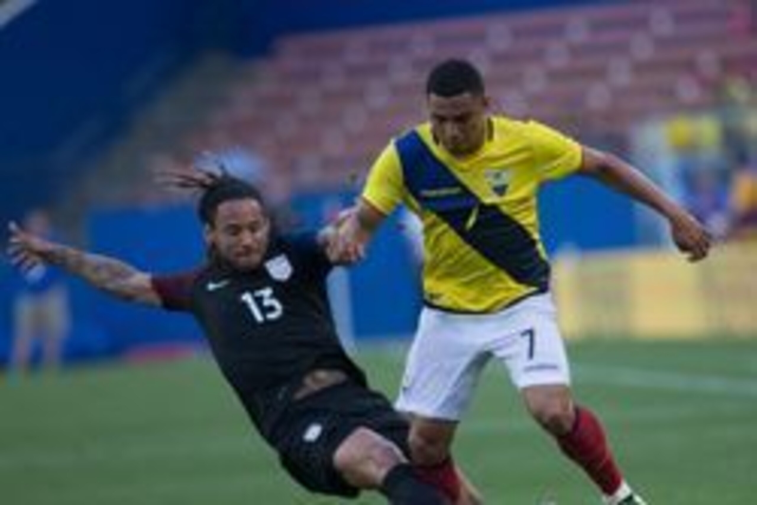 May 25, 2016; Frisco, TX, USA; U.S. mens national team  mid fielder Jermaine Jones (13) slide tackles against Ecuador midfielder Jefferson Montero (7) in the first half  at Toyota Stadium. Mandatory Credit: Sean Pokorny-USA TODAY Sports