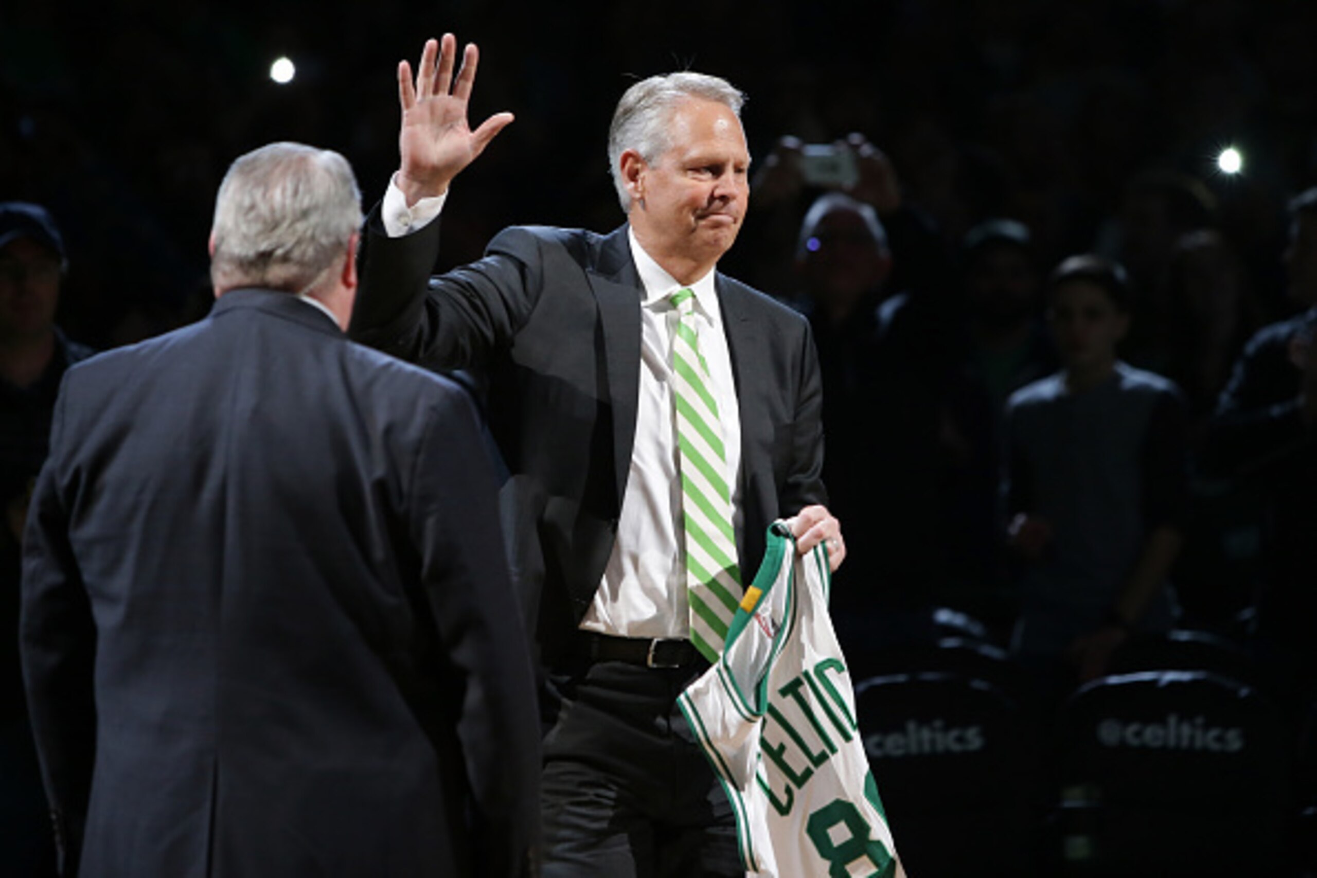 BOSTON, MA - APRIL 13:  Member of the Boston Celtics 1986 championship team Danny Ainge is honored at halftime of the game between the Boston Celtics and Miami Heat at TD Garden on April 13, 2016 in Boston, Massachusetts. NOTE TO USER: User expressly ackn