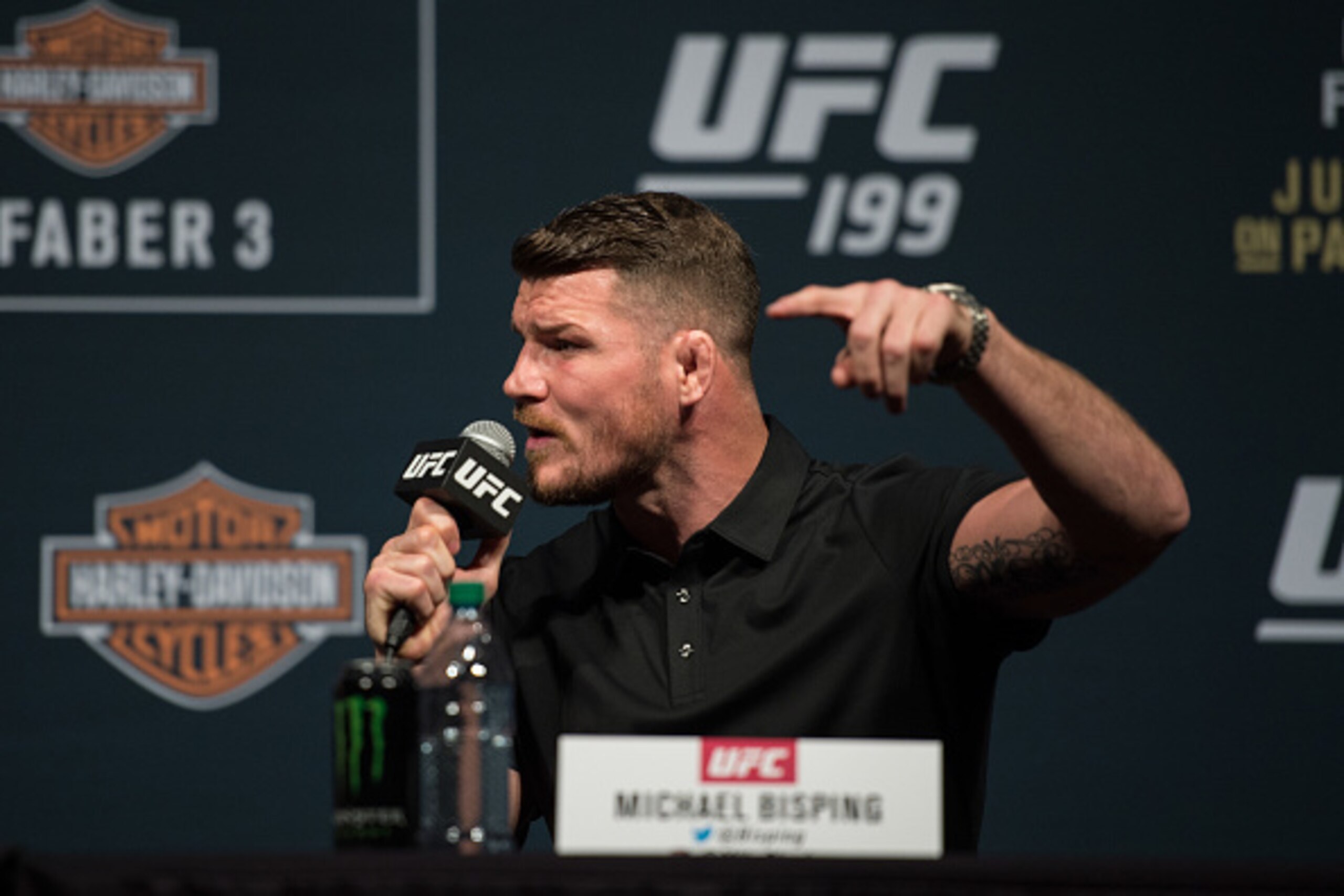 INGLEWOOD, CA - JUNE 02:   Michael Bisping speaks to the media during the UFC 199: Press Conference at the Forum on June 2, 2016 in Inglewood, California. (Photo by Brandon Magnus/Zuffa LLC/Zuffa LLC via Getty Images)