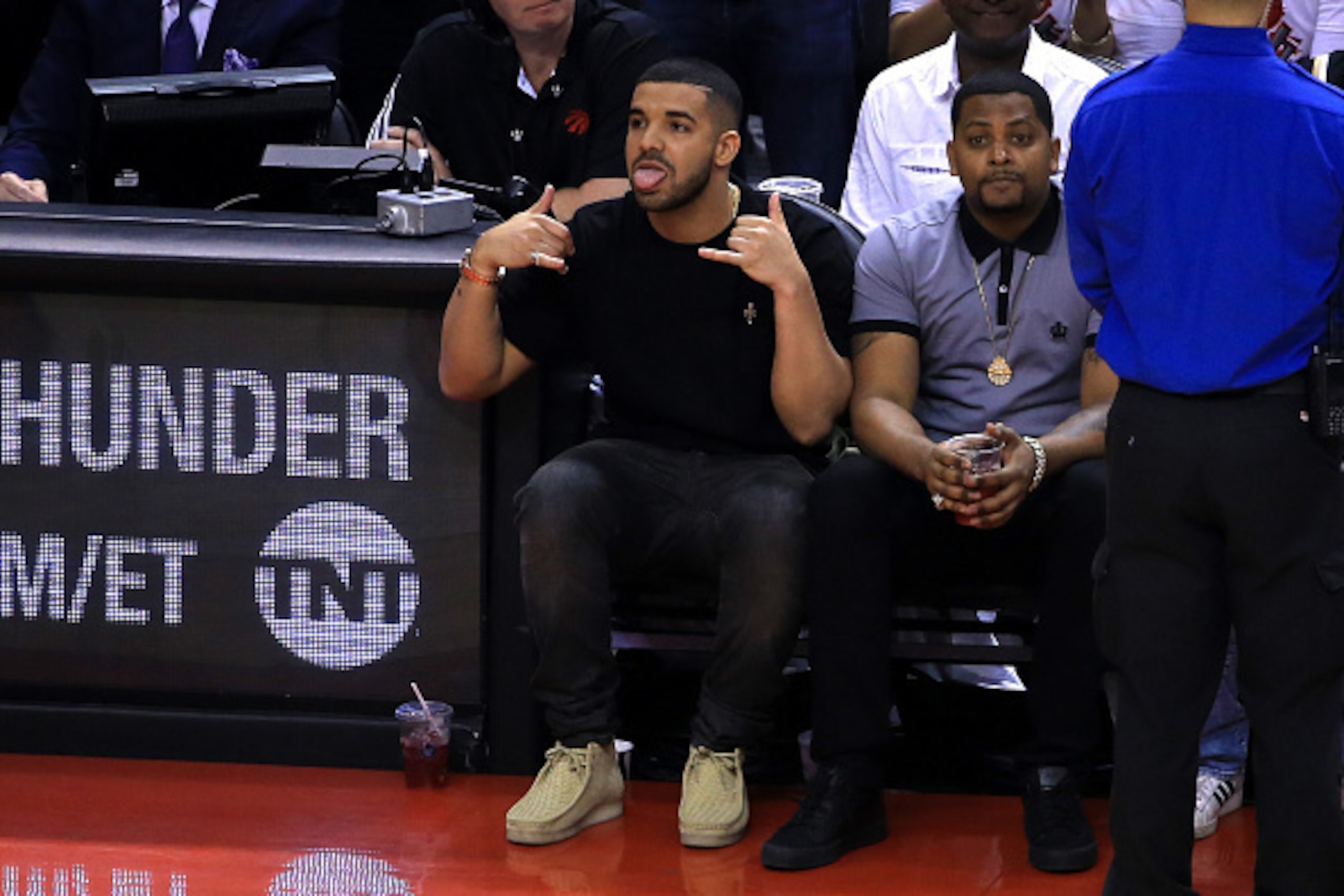 TORONTO, ON - MAY 23:  Rapper Drake reacts while sitting courtside in the first half of game four of the Eastern Conference Finals between the Cleveland Cavaliers and the Toronto Raptors during the 2016 NBA Playoffs at the Air Canada Centre on May 23, 201
