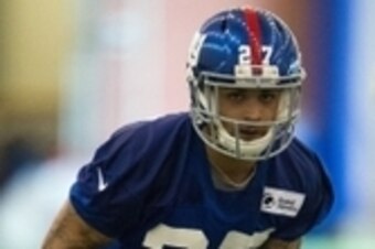 May 6, 2016; East Rutherford, NJ, USA;  New York Giants safety Darian Thompson (27) during rookie minicamp at Quest Diagnostics Training Center. Mandatory Credit: William Hauser-USA TODAY Sports