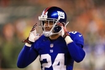 Aug 14, 2015; Cincinnati, OH, USA; New York Giants cornerback Bennett Jackson (24) in a preseason NFL football game against the Cincinnati Bengals at Paul Brown Stadium. Mandatory Credit: Andrew Weber-USA TODAY Sports