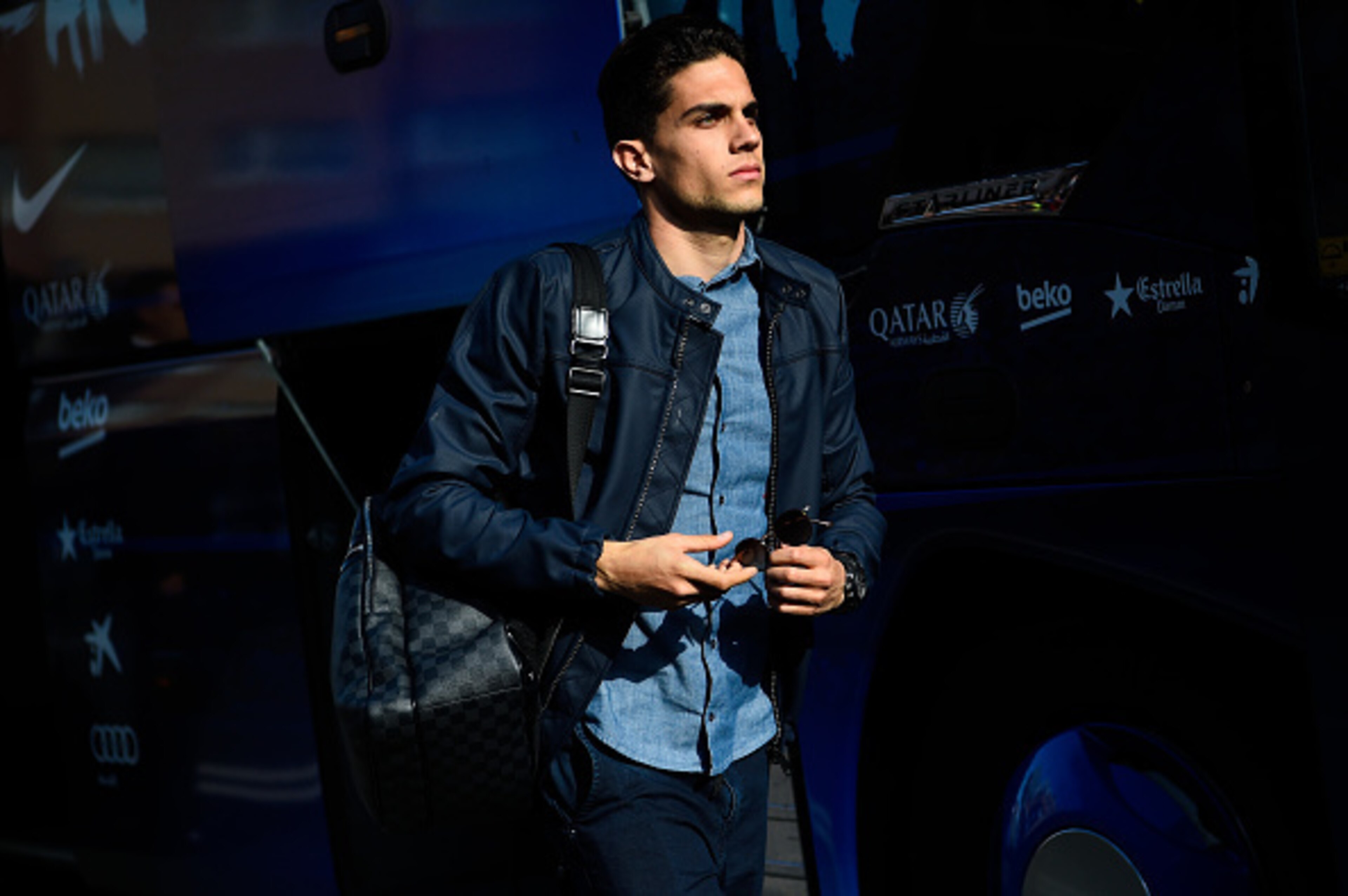 LA CORUNA, SPAIN - APRIL 20:  Marc Bartra of FC Barcelona arrives at Riazor stadium ahead of the La Liga match between RC Deportivo La Coruna and FC Barcelona at Riazor Stadium on April 20, 2016 in La Coruna, Spain.  (Photo by David Ramos/Getty Images)