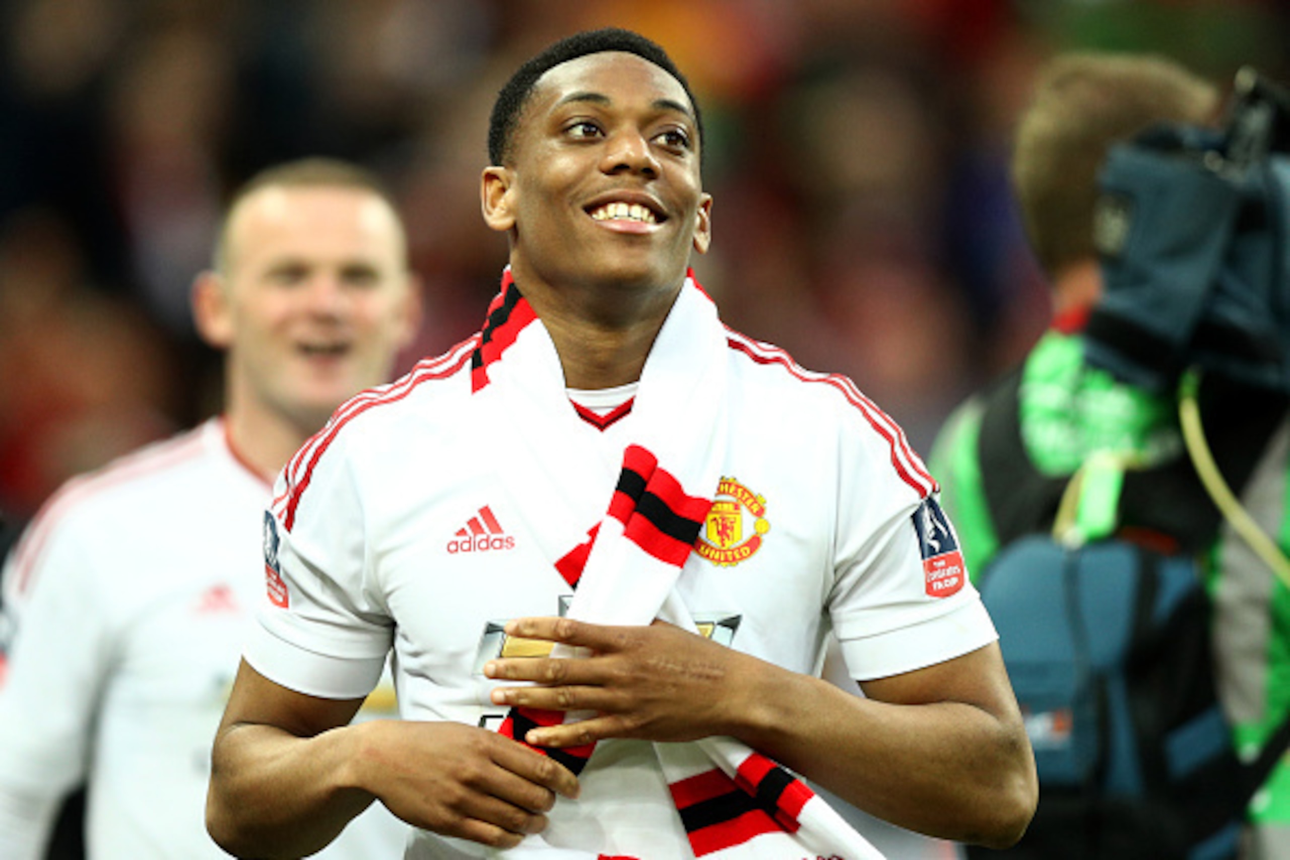 LONDON, ENGLAND - MAY 21:  Anthony Martial of Manchester United celebrates victory after The Emirates FA Cup Final match between Manchester United and Crystal Palace at Wembley Stadium on May 21, 2016 in London, England. Man Utd won 2-1 after extra time. 