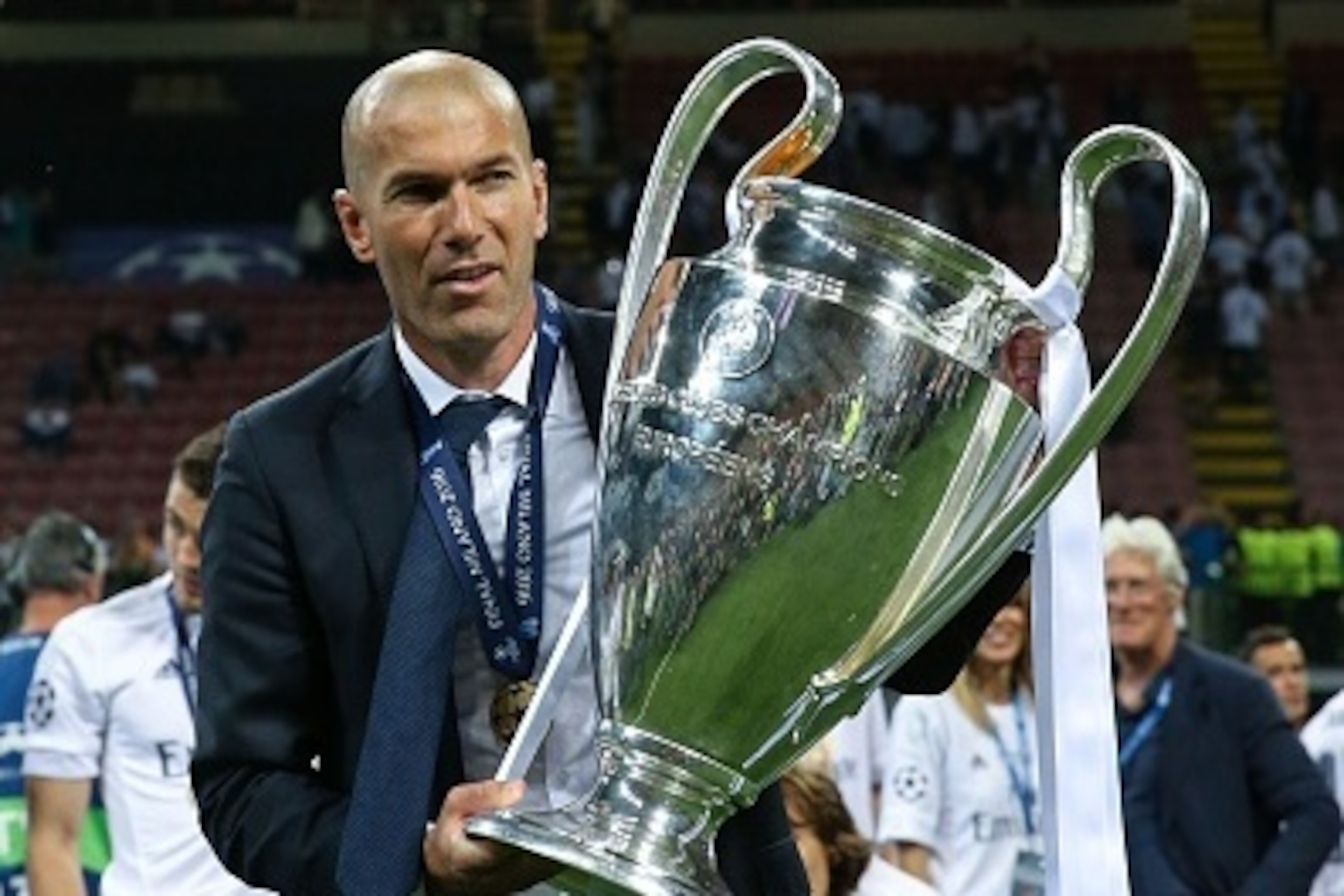 coach Zinedine Zidane of Real Madrid during the UEFA Champions League final match between Real Madrid and Atletico Madrid on May 28, 2016 at the Giuseppe Meazza San Siro stadium in Milan, Italy.(Photo by VI Images via Getty Images)