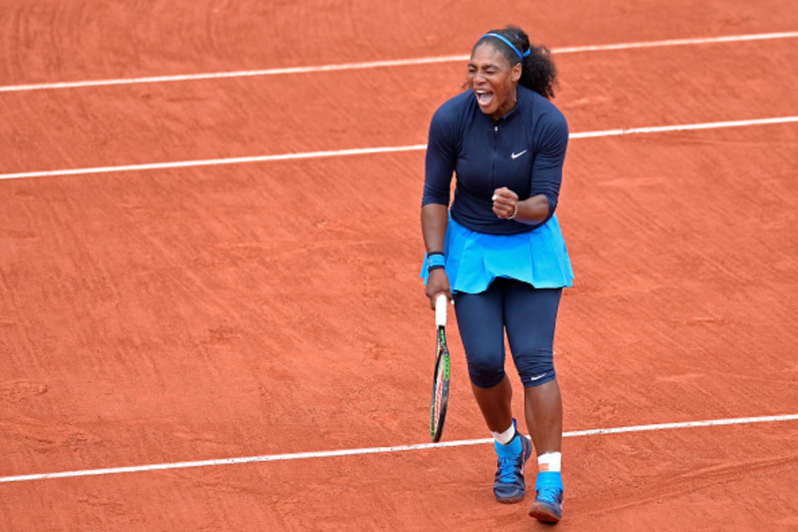 PARIS, FRANCE - JUNE 03:  Serena Williams of The United States of America plays reacts during her women's singles semi final match against Kiki Bertens of The Netherlands on day thirteen of the 2016 French Open at Roland Garros on June 3, 2016 in Paris, F