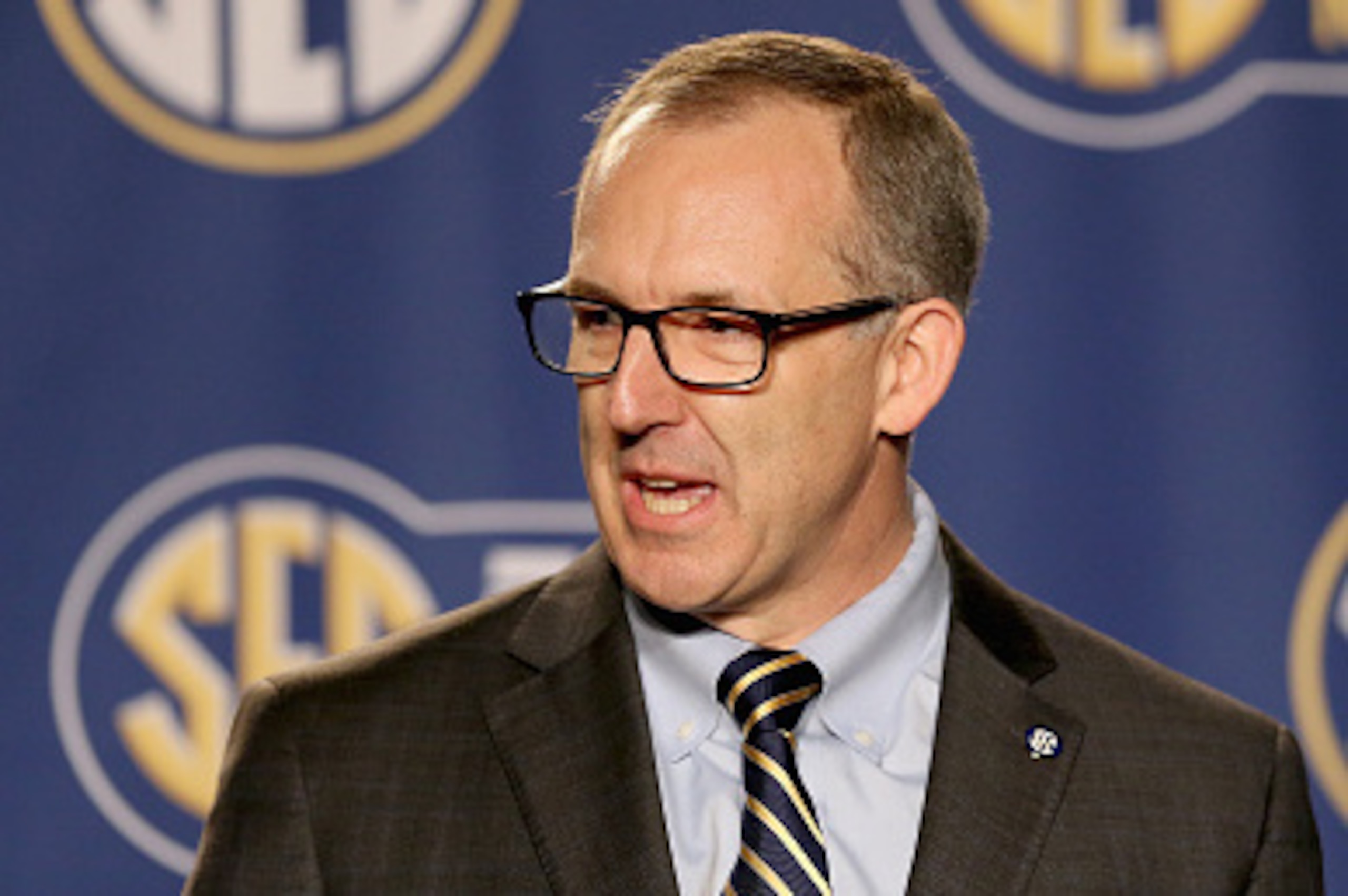 NASHVILLE, TN - MARCH 13:  Greg Sankey the new commissioner of the SEC talks to the media before the quaterfinals of the SEC Basketball Tournament at Bridgestone Arena on March 13, 2015 in Nashville, Tennessee.  (Photo by Andy Lyons/Getty Images)