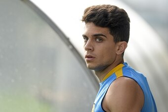 Barcelona's defender Marc Bartra looks on during a training session at the Sports Center FC Barcelona Joan Gamper in Sant Joan Despi, near Barcelona on August 22, 2015 on the eve of the first Spanish League 'La Liga'  football match against Athletic Bilba