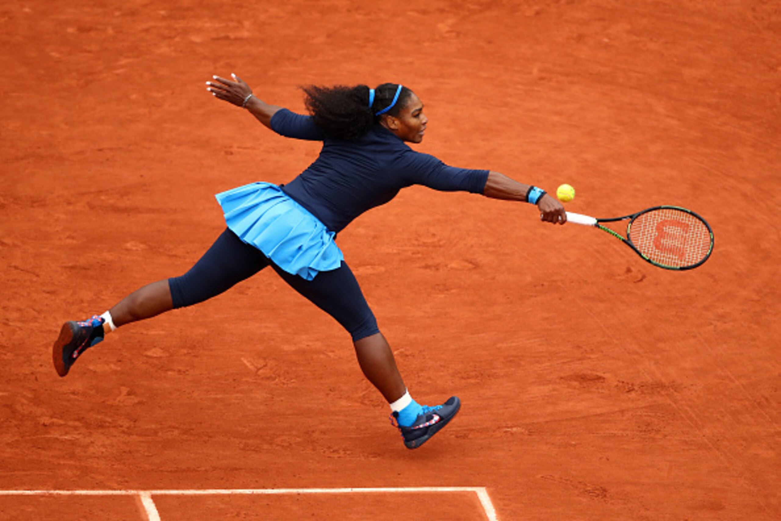 PARIS, FRANCE - JUNE 03:  Serena Williams of the United States hits a backhand during the Ladies Singles semi final match against Kiki Bertens of Netherlands on day thirteen of the 2016 French Open at Roland Garros on June 3, 2016 in Paris, France.  (Phot