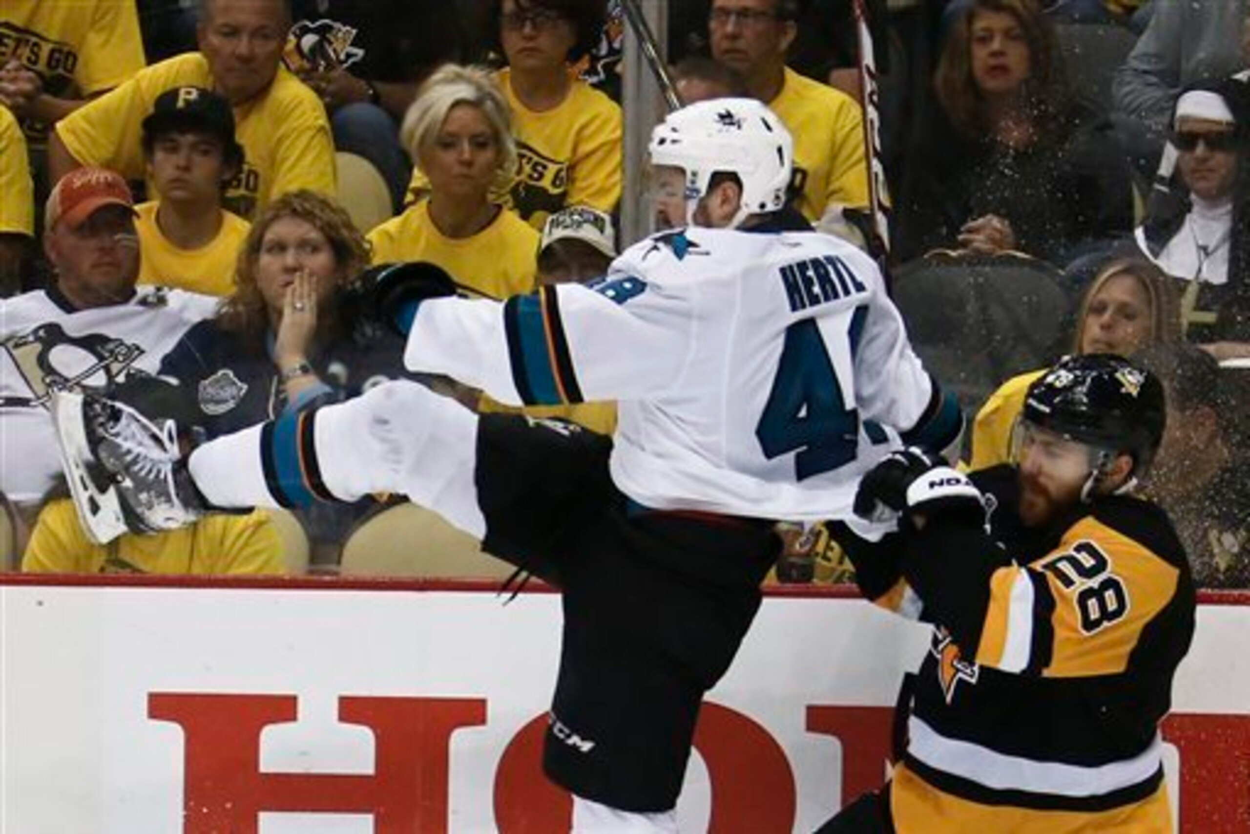 Tomas Hertl gets upended in Game 2
