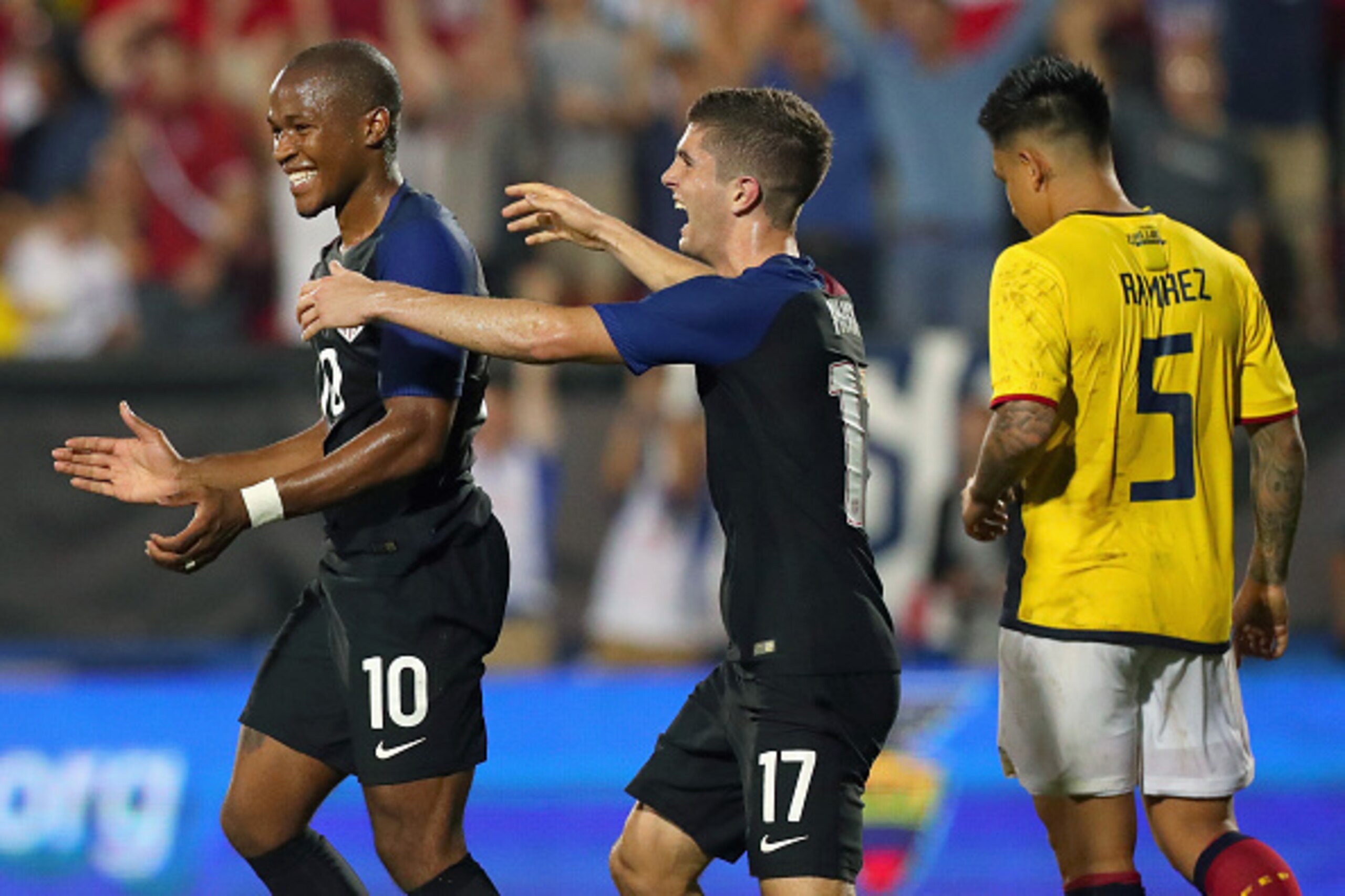 FRISCO, TX - MAY 25:  Nagbe Darlington #10 of the United States celebrates with Christian Pulisic #17 of the United States after scoring against Ecuador during an International Friendly match at Toyota Stadium on May 25, 2016 in Frisco, Texas.  (Photo by 