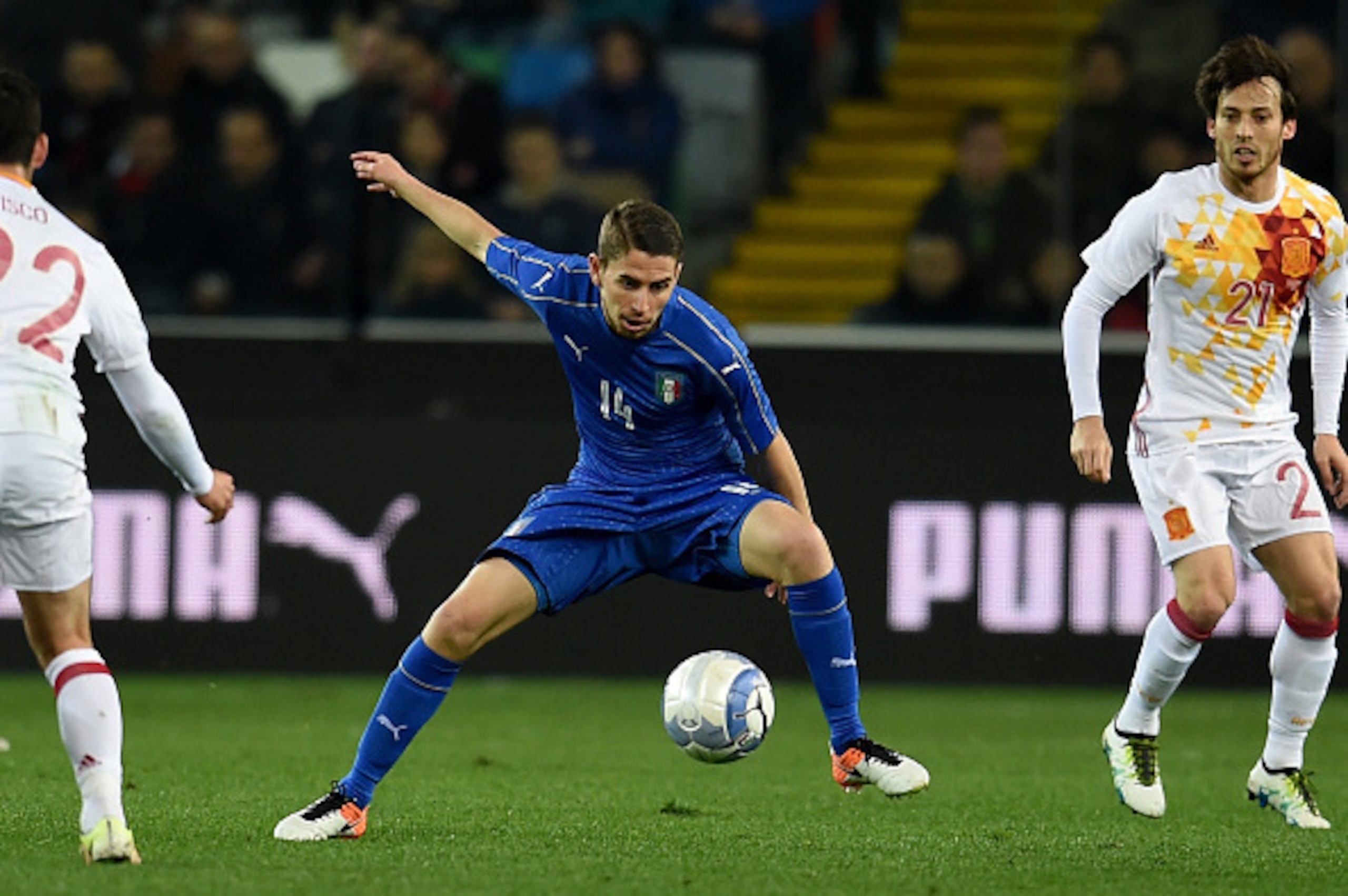 UDINE, ITALY - MARCH 24:  Jorginho of Italy in action during the international friendly match between Italy and Spain at Stadio Friuli on March 24, 2016 in Udine, Italy.  (Photo by Claudio Villa/Getty Images)