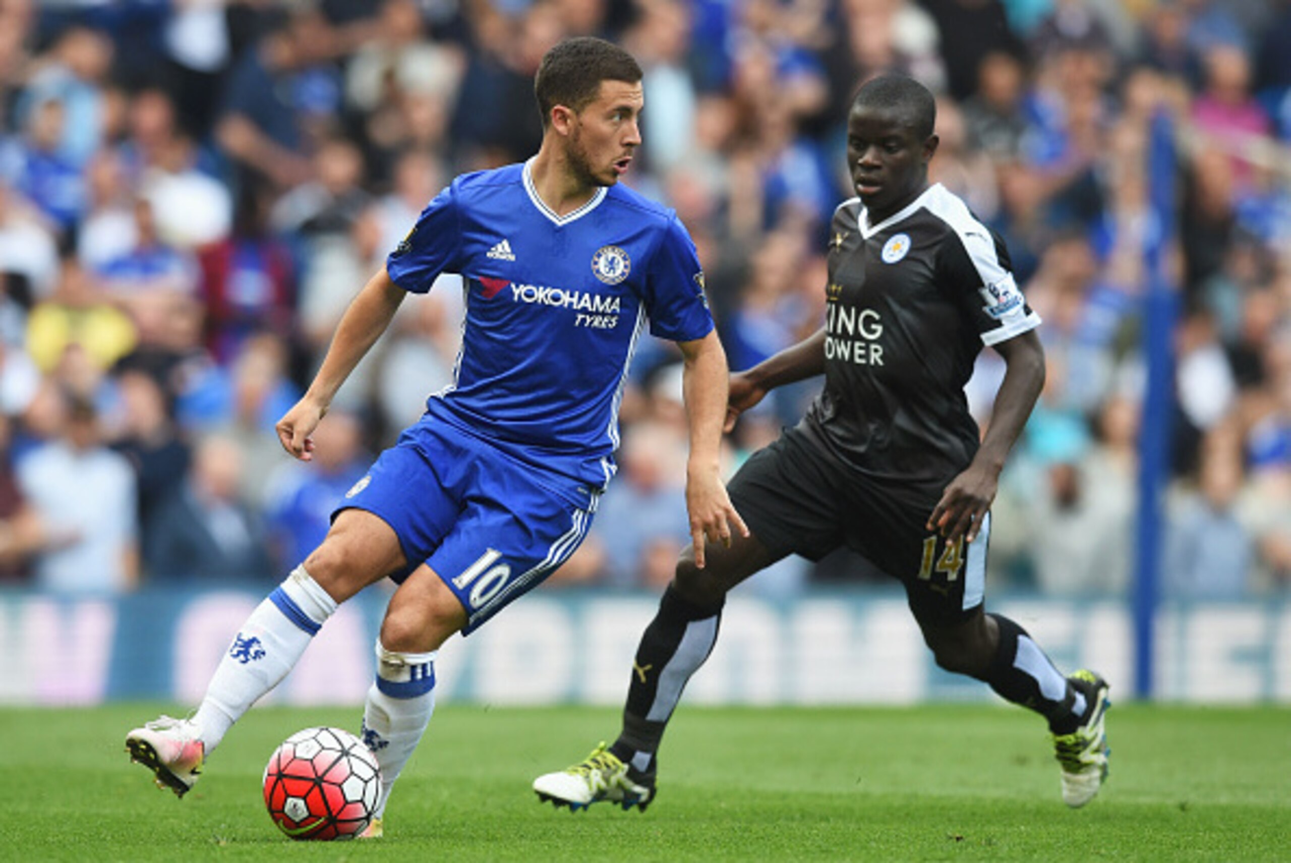 LONDON, ENGLAND - MAY 15: Eden Hazard of Chelsea is closed down by Ngolo Kante of Leicester City  during the Barclays Premier League match between Chelsea and Leicester City at Stamford Bridge on May 15, 2016 in London, England.  (Photo by Michael Regan/G