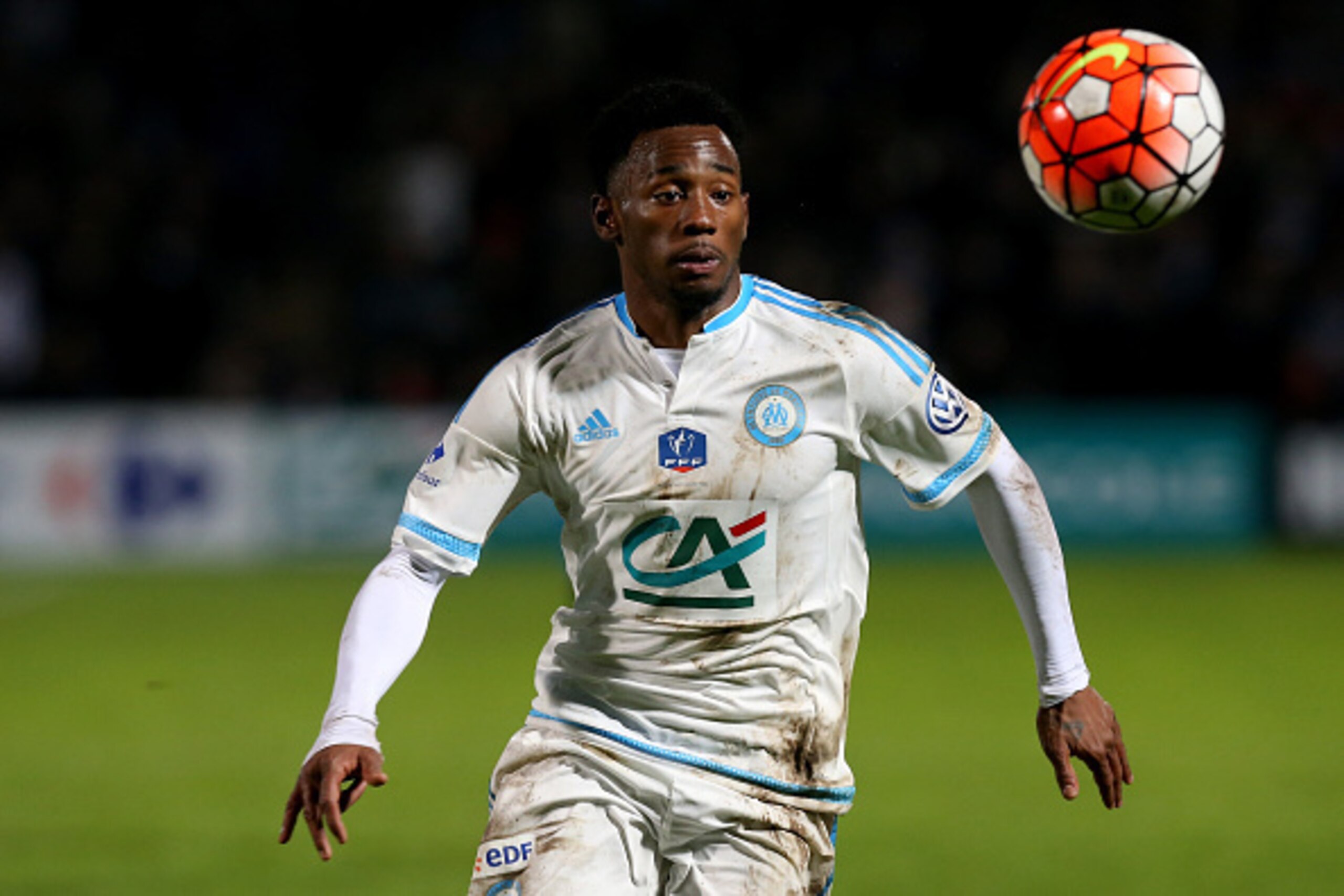 BORDEAUX, FRANCE - FEBRUARY 11: George Kevin Nkoudou of Olympique de Marseille in action during the French Cup match between Trelissac FC and Olympique de Marseille at Stade Chaban-Delmas on February 11, 2016 in Bordeaux, France. (Photo by Romain Perroche
