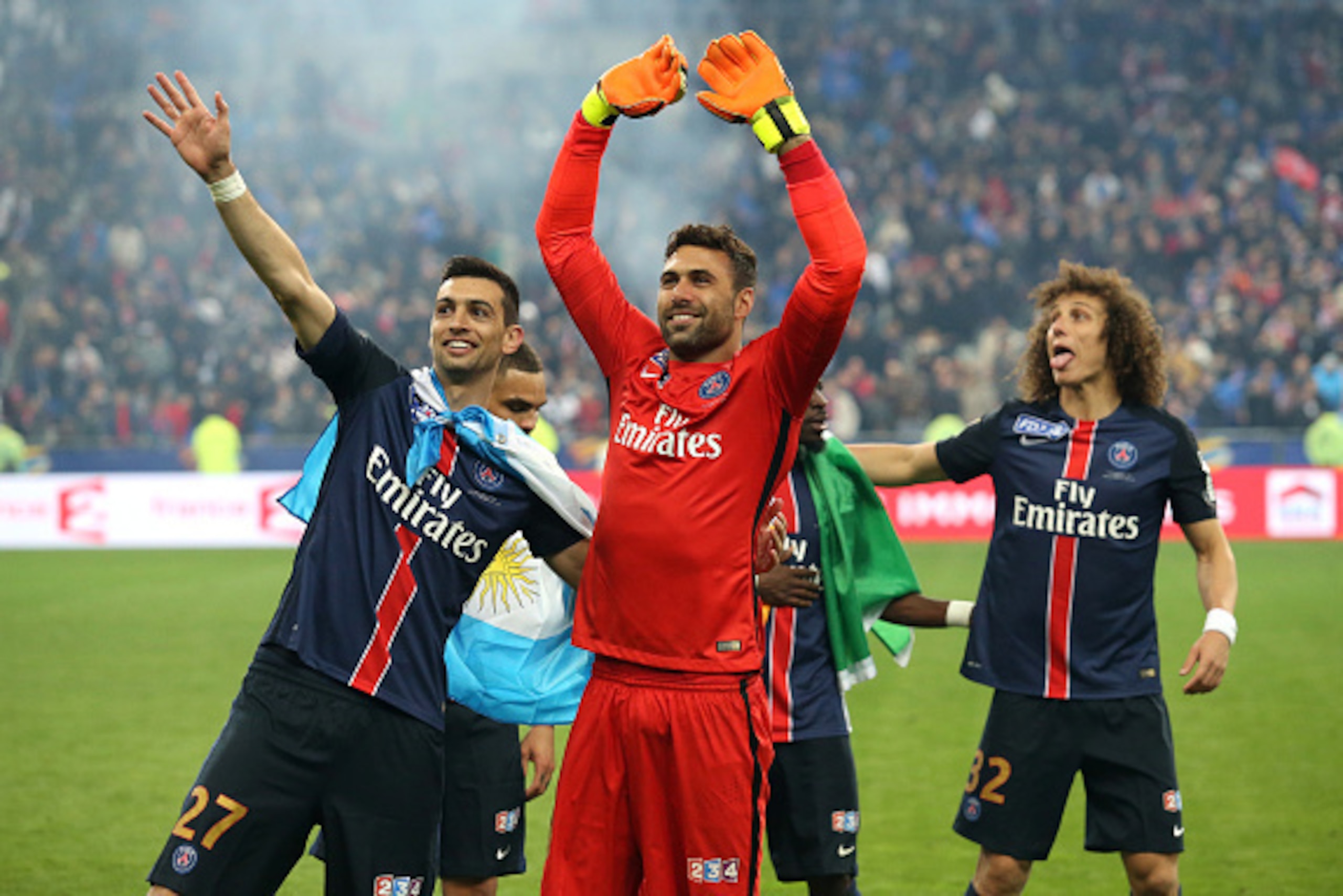 PARIS, FRANCE - APRIL 23: Javier Pastore, goalkeeper Salvatore Sirigu, David Luiz of PSG celebrate winning the French League Cup final (finale de la Coupe de la Ligue) between Paris Saint-Germain (PSG) and Lille OSC (LOSC) at Stade de France on April 23, PARIS, FRANCE - APRIL 23: Javier Pastore, goalkeeper Salvatore Sirigu, David Luiz of PSG celebrate winning the French League Cup final (finale de la Coupe de la Ligue) between Paris Saint-Germain (PSG) and Lille OSC (LOSC) at Stade de France on April 23,