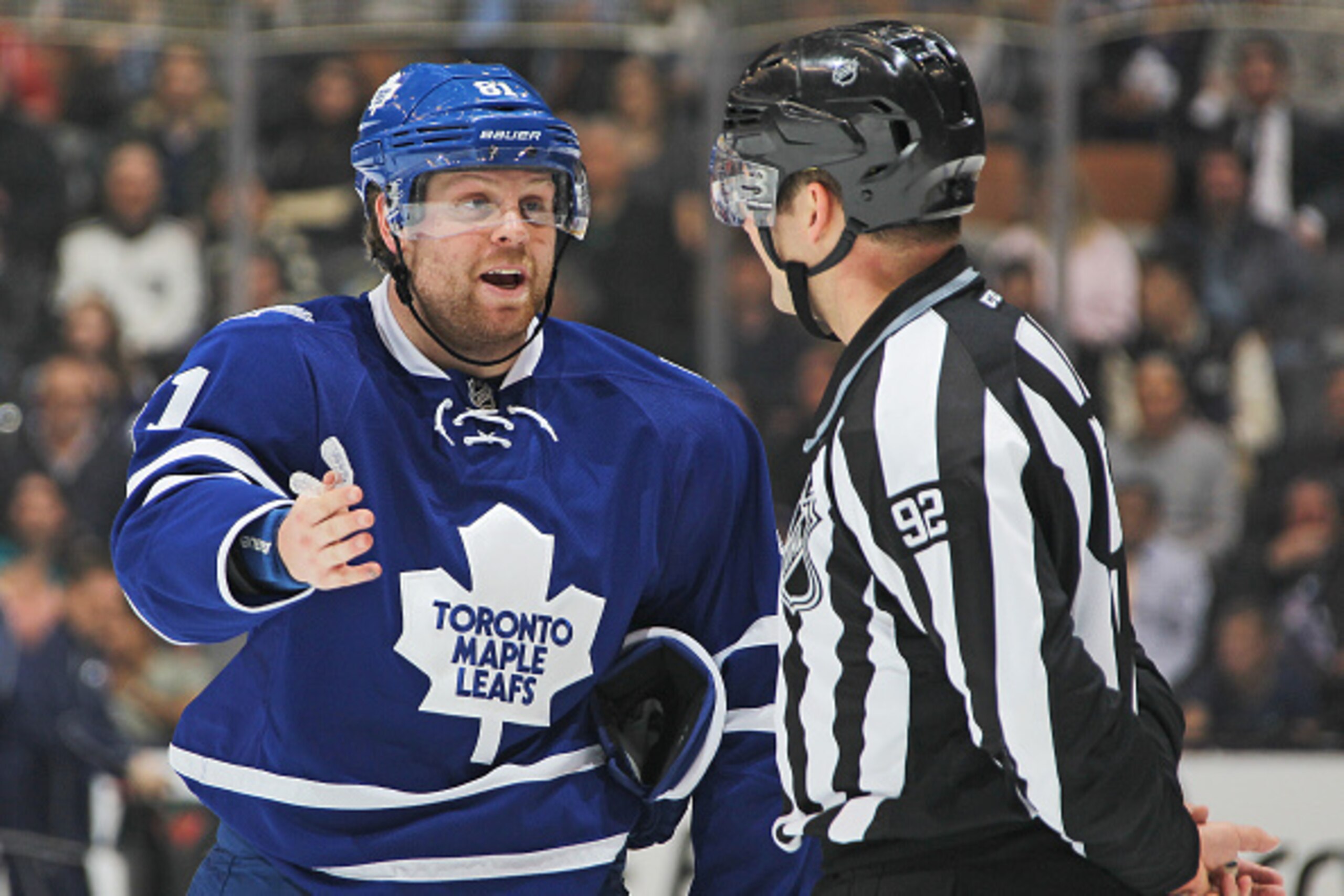 TORONTO, ON - MARCH 9:  Phil Kessel #81 of the Toronto Maple Leafs cannot believe a call during play against the New York Islanders in an NHL game at the Air Canada Centre on March 9, 2015 in Toronto, Ontario, Canada. The Islanders defeated the Maple Leaf
