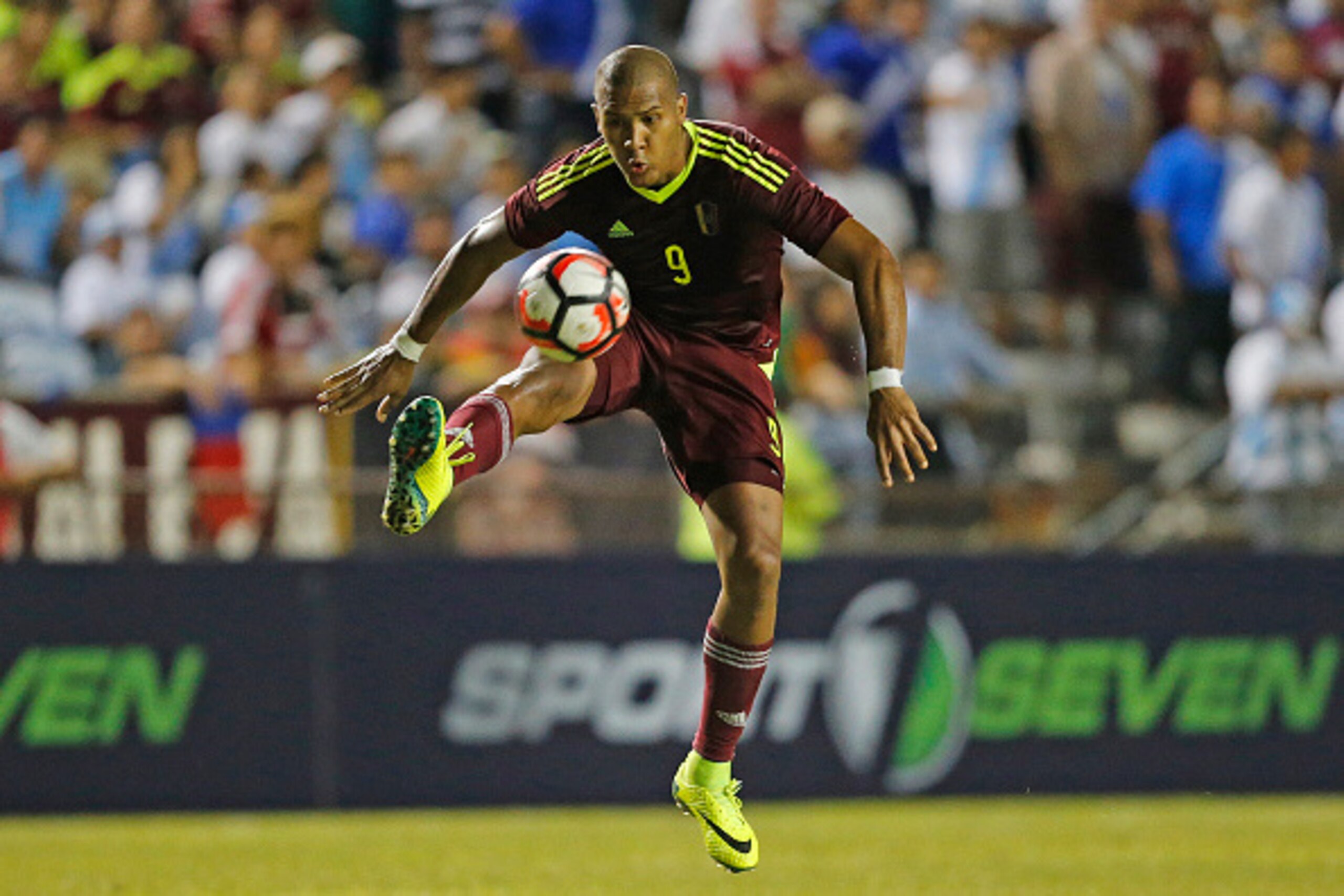FORT LAUDERDALE, FL - JUNE 1: Salomon Rondon #9 of Venezuela takes a pass during second half action against Guatemala on June 1, 2016 at Lockhart Stadium in Fort Lauderdale, Florida. (Photo by Joel Auerbach/Getty Images)