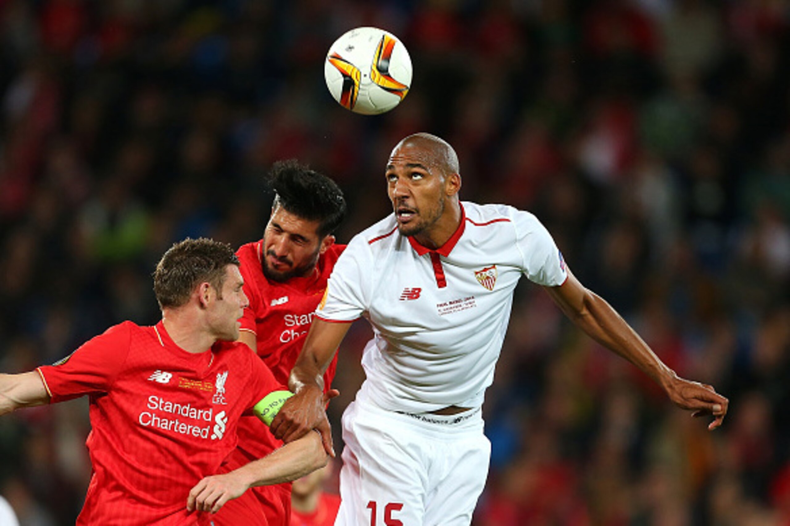 BASEL, SWITZERLAND - MAY 18: Steven N'Zonzi of Sevilla competes with Emre Can and James Milner of Liverpool during the UEFA Europa League Final between Liverpool and Sevilla at St. Jakob-Park on May 18, 2016 in Basel, Switzerland. (Photo by Catherine Iv BASEL, SWITZERLAND - MAY 18: Steven N'Zonzi of Sevilla competes with Emre Can and James Milner of Liverpool during the UEFA Europa League Final between Liverpool and Sevilla at St. Jakob-Park on May 18, 2016 in Basel, Switzerland. (Photo by Catherine Iv