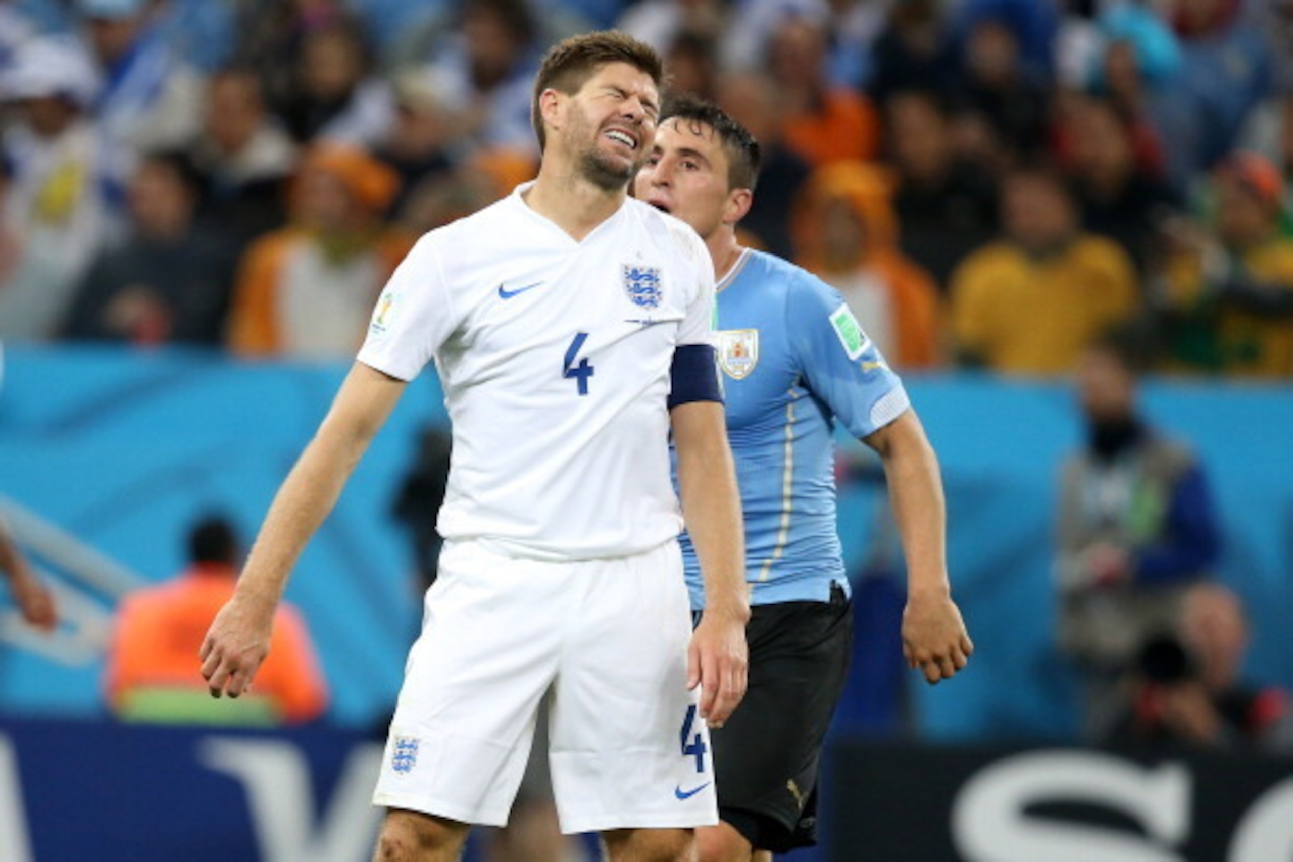 SAO PAULO, BRAZIL - JUNE 19: Steven Gerrard of England looks dejected during the 2014 FIFA World Cup Brazil Group D match between Uruguay and England at Arena de Sao Paulo on June 19, 2014 in Sao Paulo, Brazil. (Photo by Jean Catuffe/Getty Images)