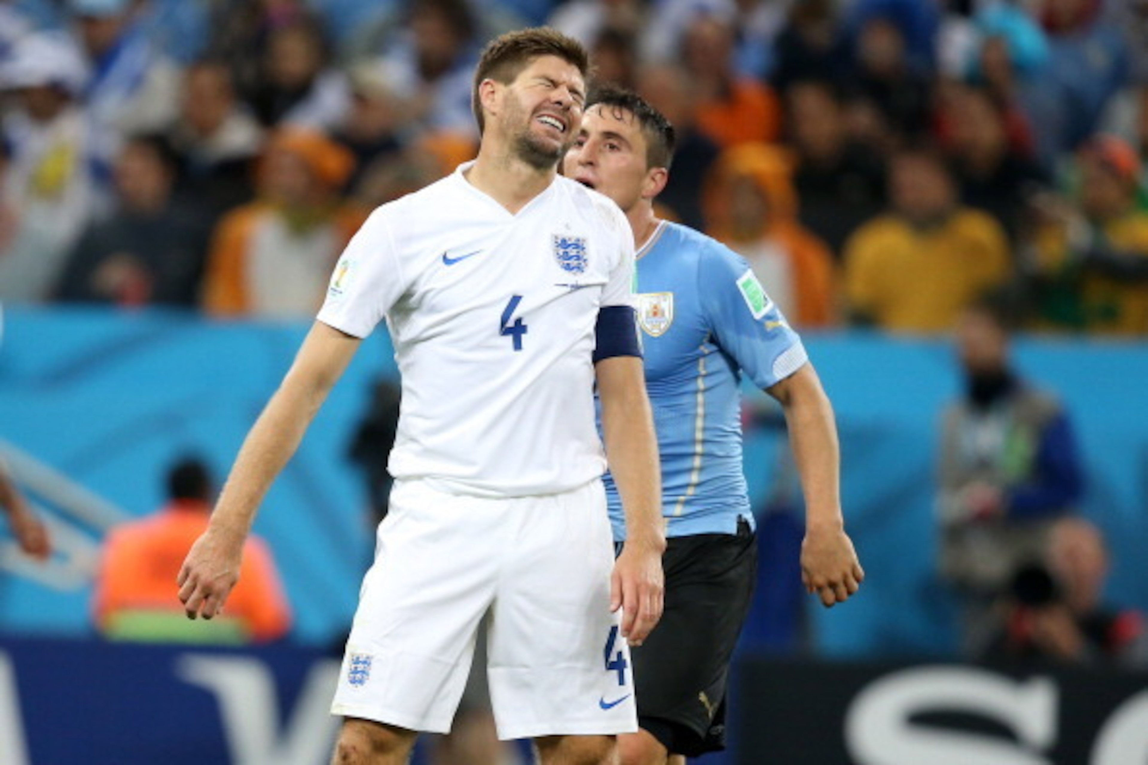 SAO PAULO, BRAZIL - JUNE 19: Steven Gerrard of England looks dejected during the 2014 FIFA World Cup Brazil Group D match between Uruguay and England at Arena de Sao Paulo on June 19, 2014 in Sao Paulo, Brazil. (Photo by Jean Catuffe/Getty Images)