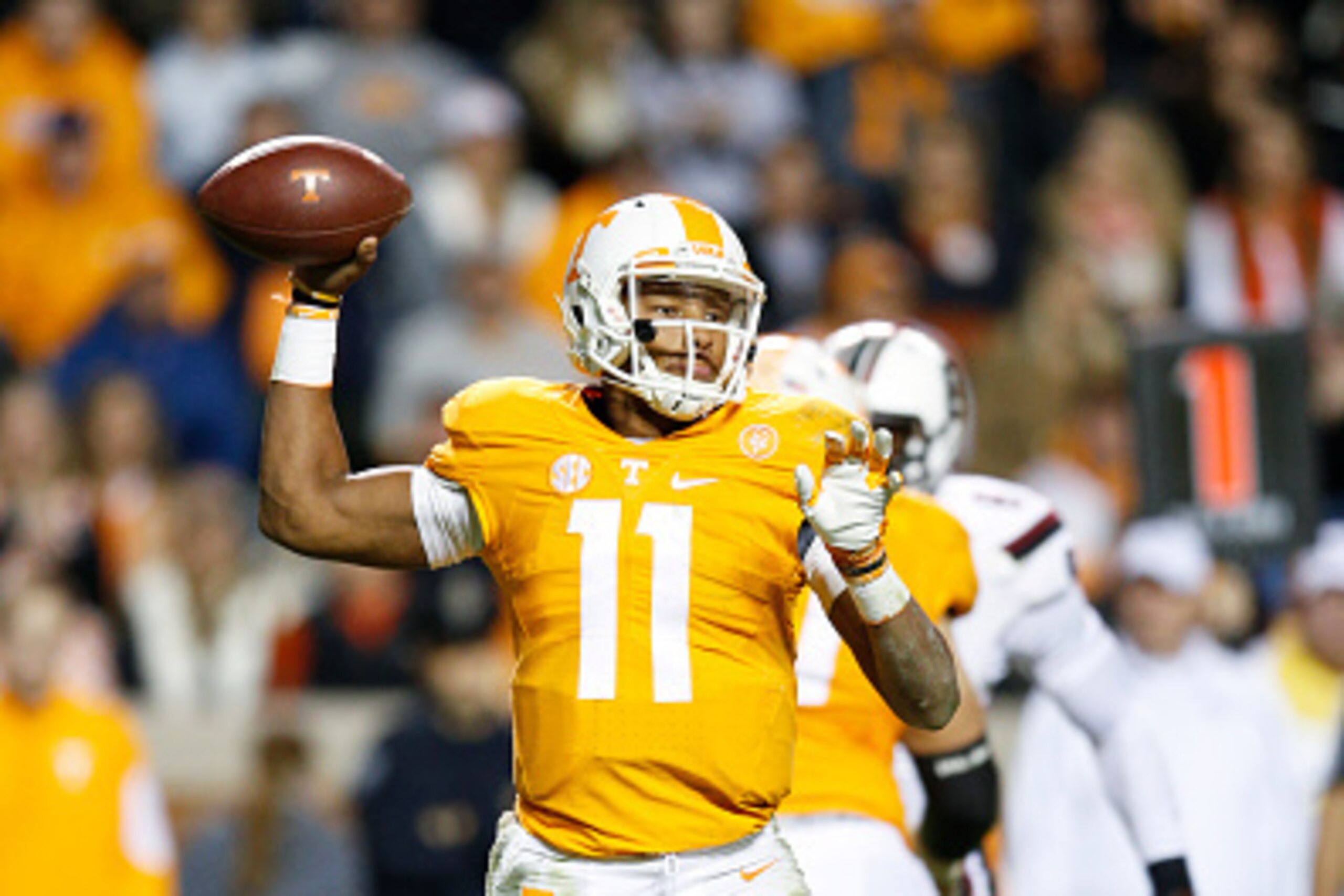 KNOXVILLE, TN - NOVEMBER 7: Joshua Dobbs #11 of the Tennessee Volunteers passes during a game against the South Carolina Gamecocks at Neyland Stadium on November 7, 2015 in Knoxville, Tennessee. Tennessee defeated South Carolina 27-24. (Photo by Joe Robbi