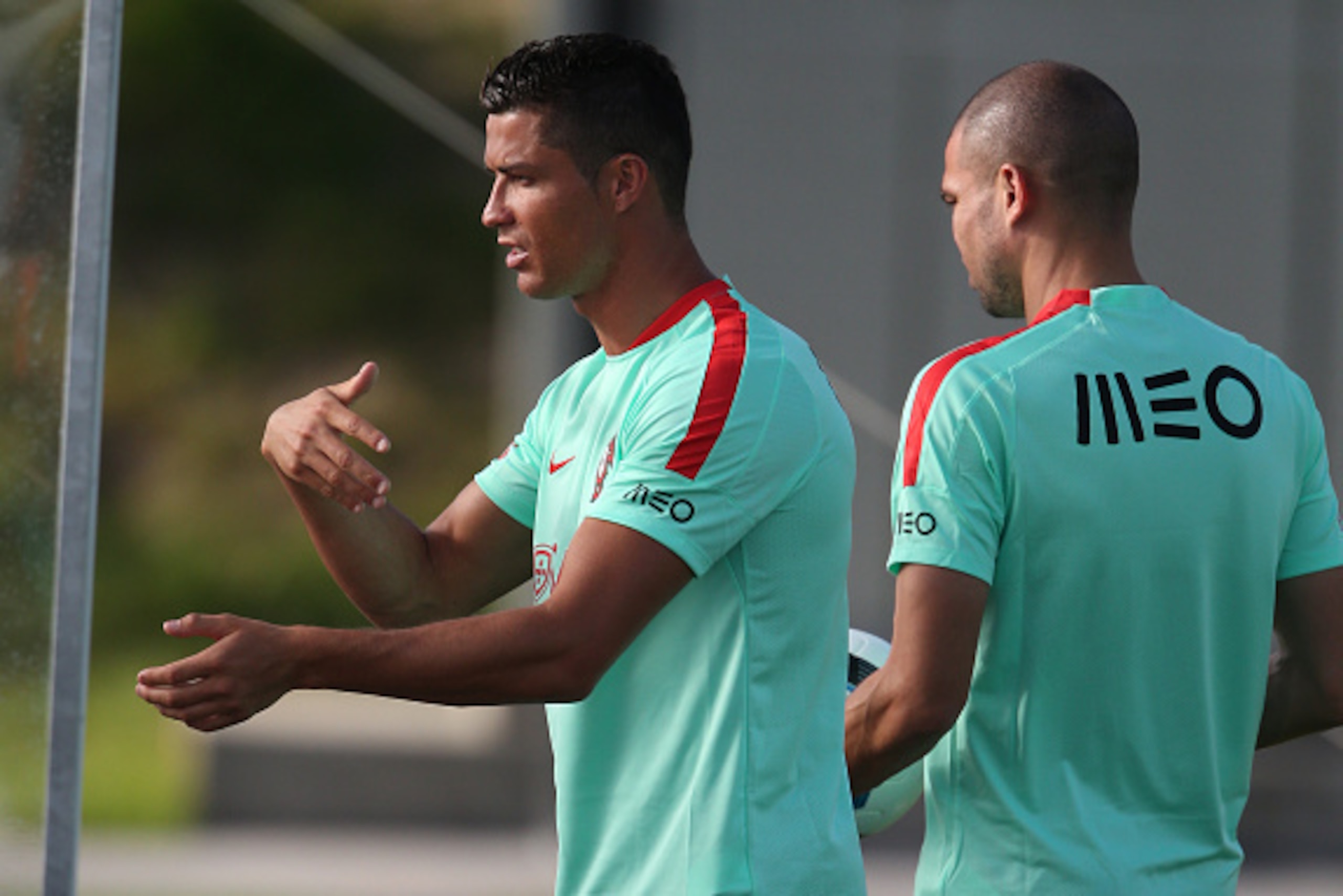 OEIRAS, PORTUGAL - JUNE 5:  Portugal's forward Cristiano Ronaldo and Portugal's defender Pepe during Portugal's National Training session in preparation for the Euro 2016 at FPF Cidade do Futebol (City of Football) on June 5, 2016 in Oeiras (Lisbon), Port