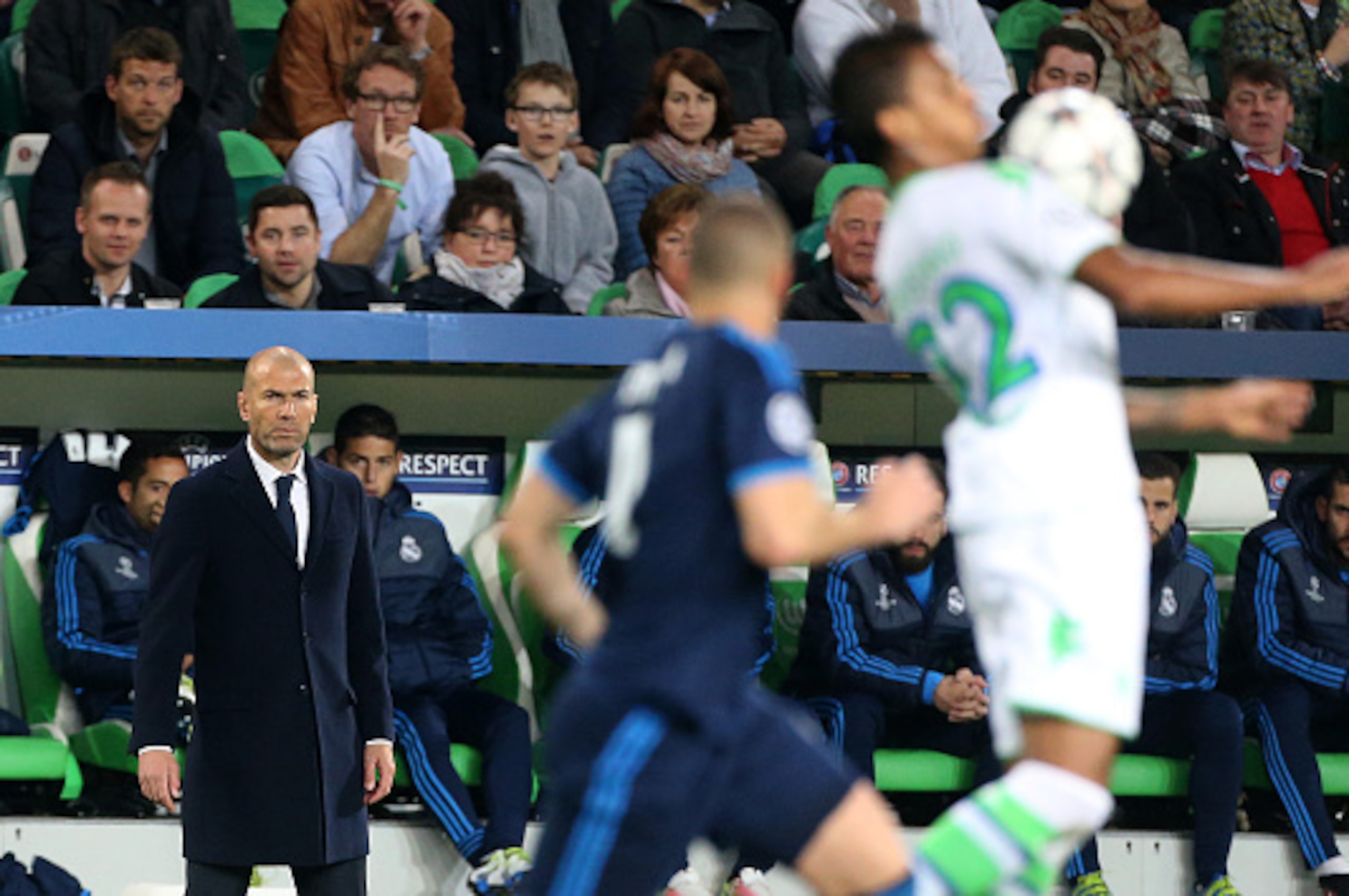 WOLFSBURG, GERMANY - APRIL 6: Coach of Real Madrid Zinedine Zidane reacts during the UEFA Champions League quarter final first leg match between VfL Wolfsburg and Real Madrid at Volkswagen Arena on April 6, 2016 in Wolfsburg, Germany. (Photo by Jean Catuf