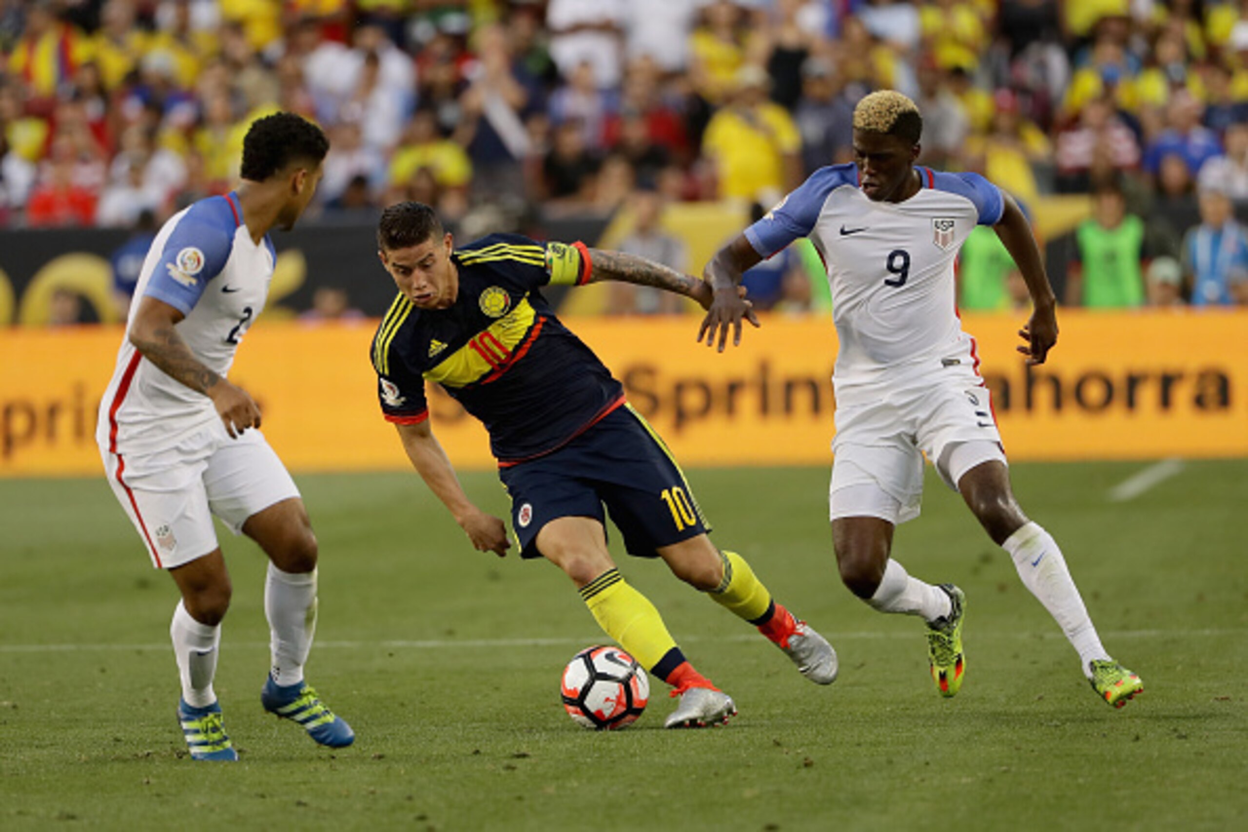 SANTA CLARA, CA - JUNE 03:  James Rodriguez #10 of Colombia tries to dribble away from Gyasi Zardes #9 of United States during the 2016 Copa America Centenario Group match between the United States and Colombia at Levi's Stadium on June 3, 2016 in Santa C