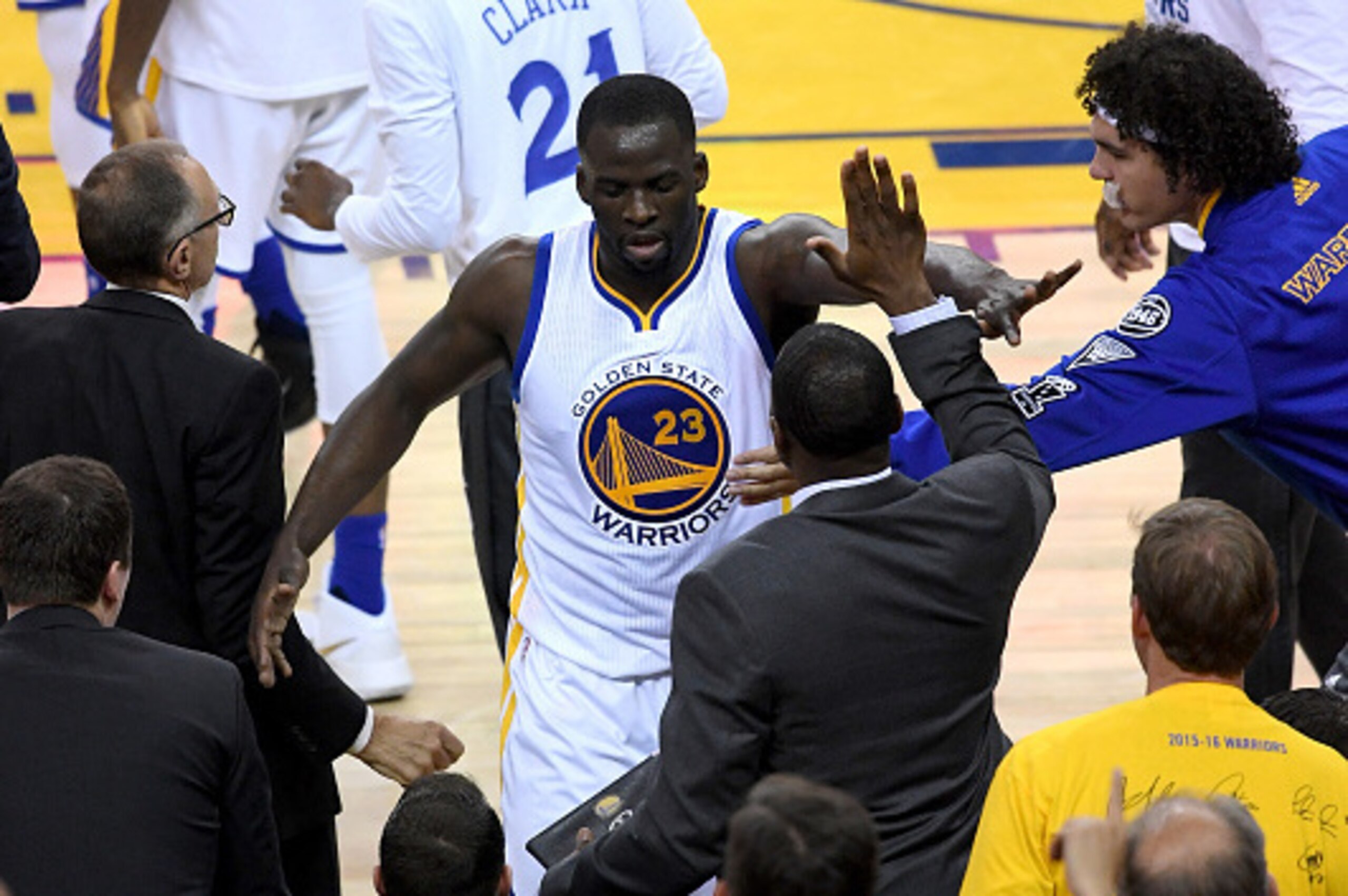 OAKLAND, CA - JUNE 05:  Draymond Green #23 of the Golden State Warriors reacts in the second quarter of Game 2 of the 2016 NBA Finals against the Cleveland Cavaliers at ORACLE Arena on June 5, 2016 in Oakland, California. NOTE TO USER: User expressly ackn
