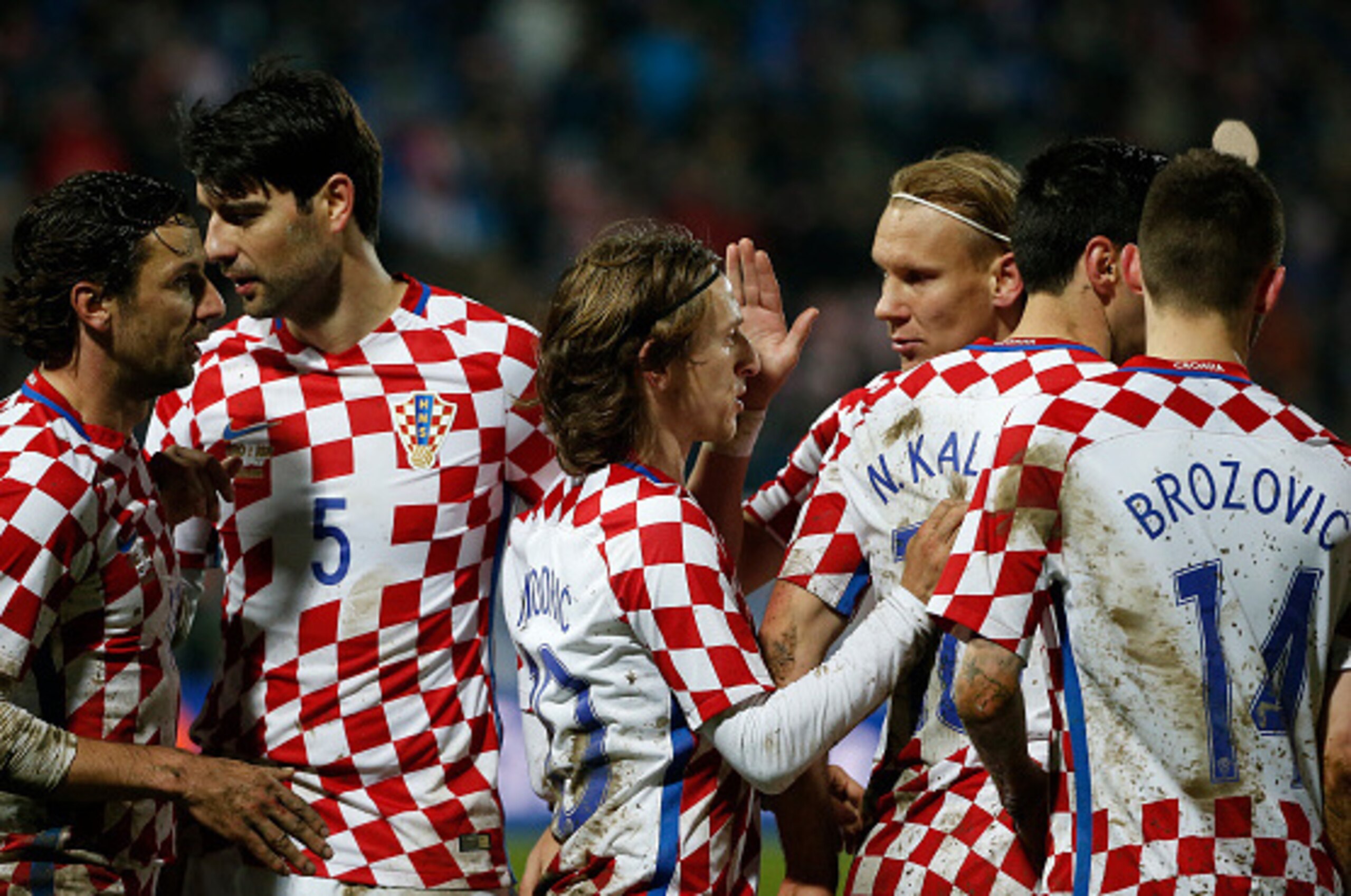 OSIJEK, CROATIA - MARCH 23: (L-R) Dario Srna, Vedran Corluka, Luka Modric, Domagoj Vida, Nikola Kalinic and Marcelo Brozovic of Croatia celebrate  during the International Friendly match between Croatia and Israel at stadium Gradski Vrt on March 23, 2016 