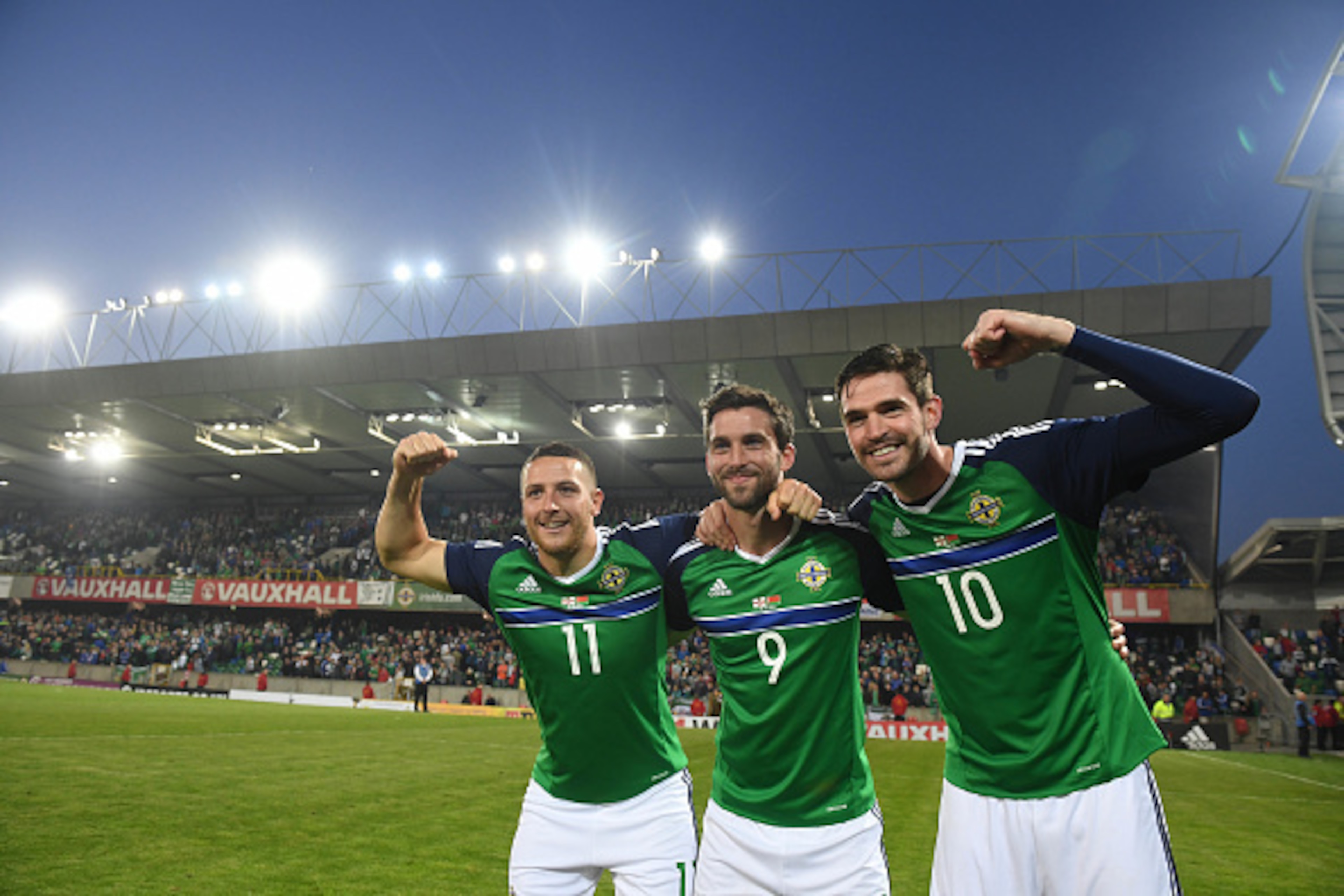 BELFAST, NORTHERN IRELAND - MAY 27: Northern Ireland's Kyle Lafferty (R), Will Grigg (C) and Conor Washington (L) after the international friendly game between Northern Ireland and Belarus on May 27, 2016 in Belfast, Northern Ireland. (Photo by Charles Mc BELFAST, NORTHERN IRELAND - MAY 27: Northern Ireland's Kyle Lafferty (R), Will Grigg (C) and Conor Washington (L) after the international friendly game between Northern Ireland and Belarus on May 27, 2016 in Belfast, Northern Ireland. (Photo by Charles Mc