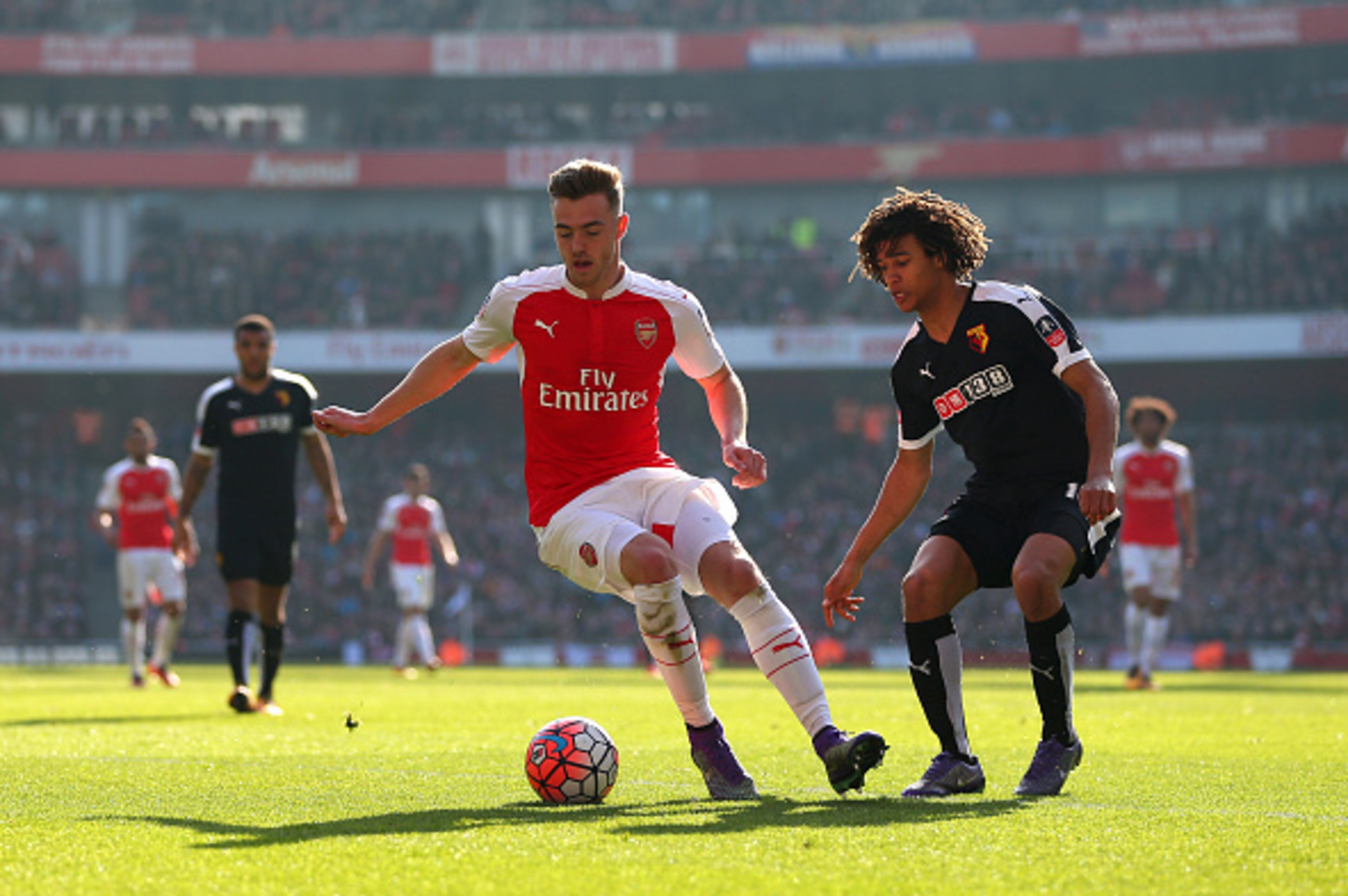 LONDON, ENGLAND - MARCH 13 :  Calum Chambers of Arsenal and Nathan Ake of Watford during the Emirates FA Cup match between Arsenal and Watford at the Emirates Stadium on March 13, 2016 in London, England.  (Photo by Catherine Ivill - AMA/Getty Images)