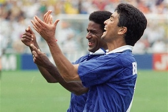 Mazinho (left) and Bebeto celebrate at the 1994 World Cup