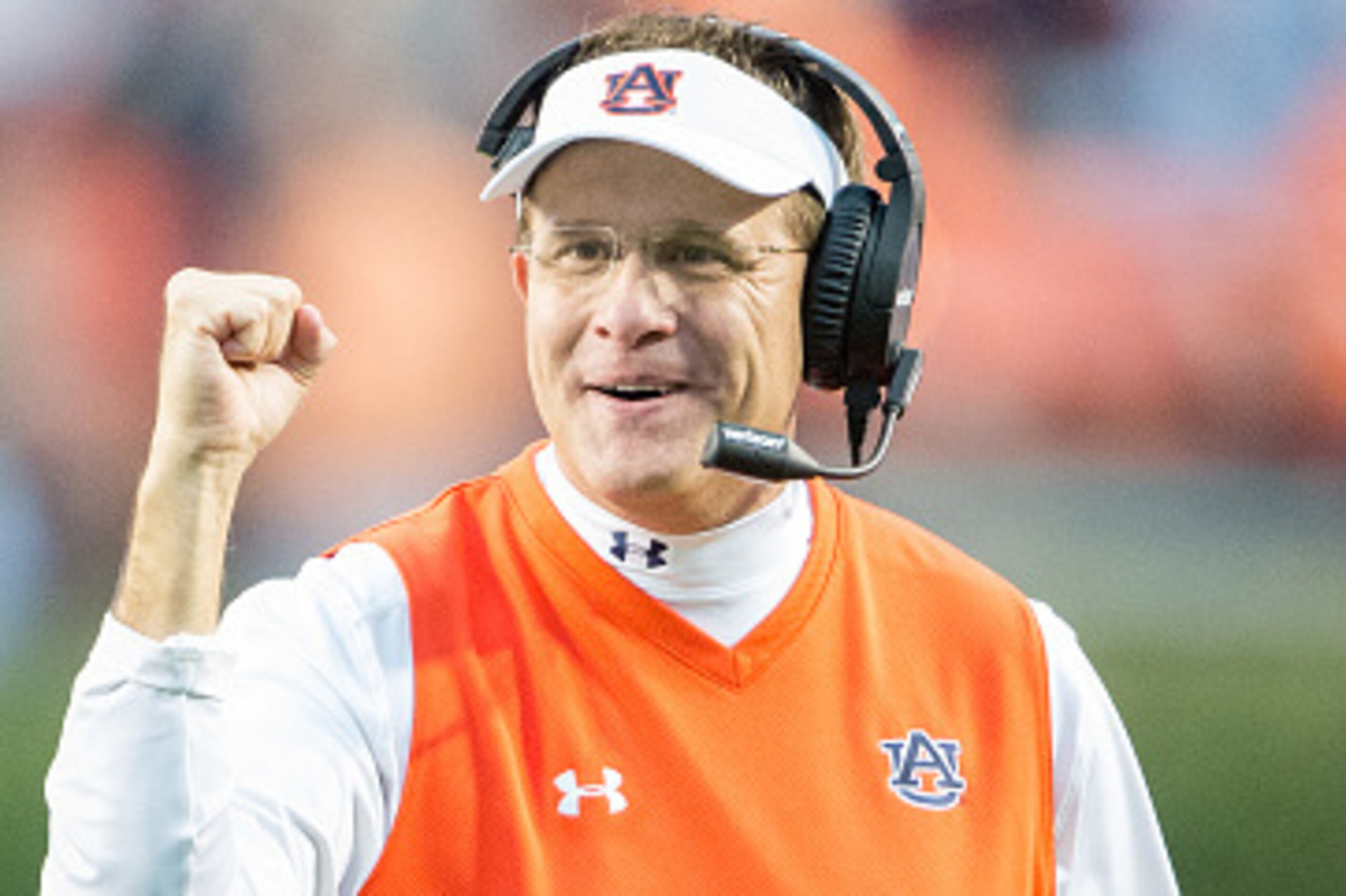 AUBURN, AL - OCTOBER 3: Head coach Gus Malzahn of the Auburn Tigers celebrates after a big play during their game against the San Jose State Spartans on October 3, 2015 at Jordan-Hare Stadium in Auburn, Alabama. The Auburn Tigers defeated the San Jose Sta