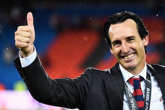 BASEL, SWITZERLAND - MAY 18:  Unai Emery manager of Sevilla celebrates the Europa League champions after the award ceremoy of the UEFA Europa League Final match between Liverpool and Sevilla at St. Jakob-Park on May 18, 2016 in Basel, Switzerland.  (Photo
