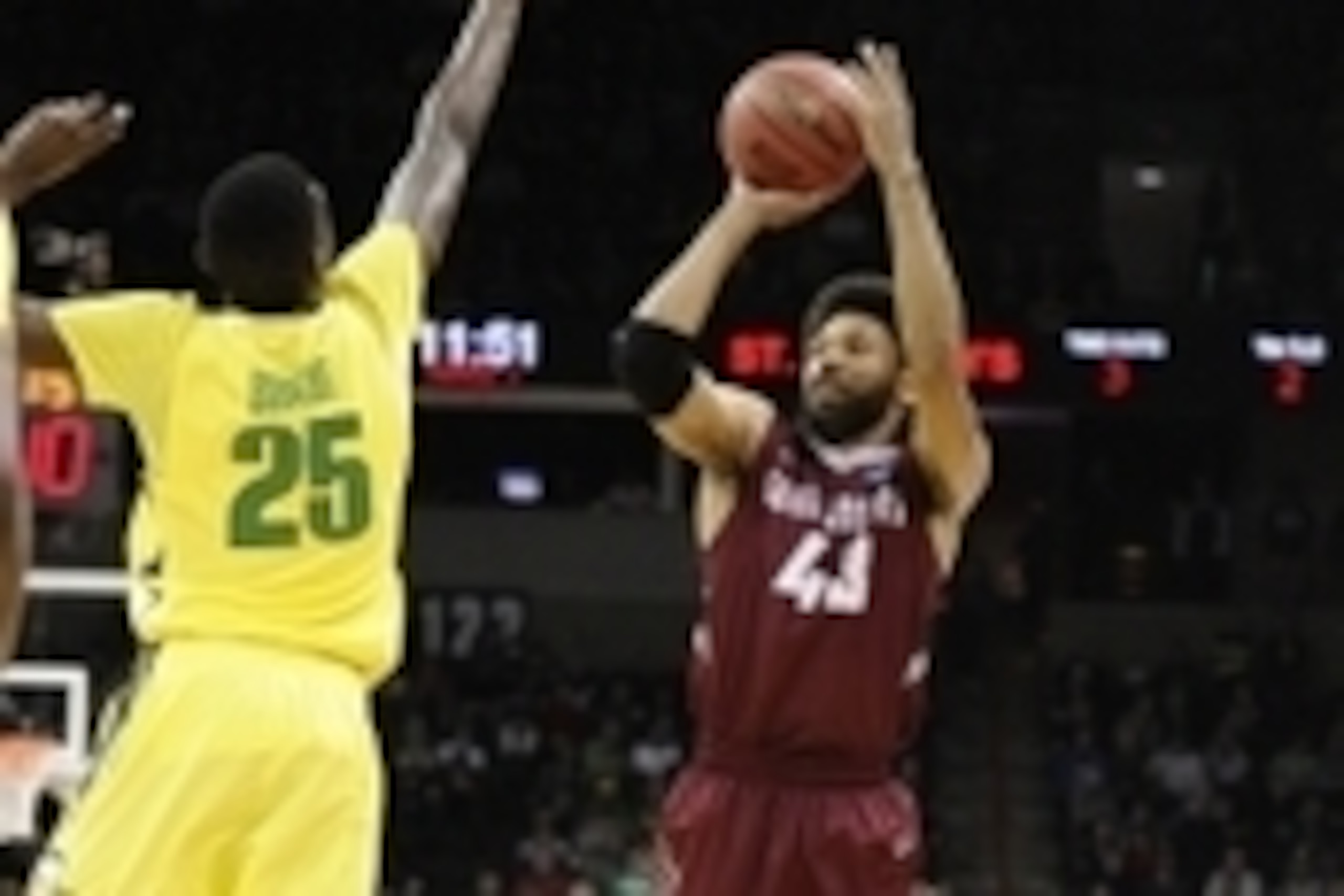 March 20, 2016; Spokane , WA, USA; St. Joseph's Hawks forward DeAndre Bembry (43) shoots against Oregon Ducks forward Chris Boucher (25) during the second half in the second round of the 2016 NCAA Tournament at Spokane Veterans Memorial Arena. Mandatory C
