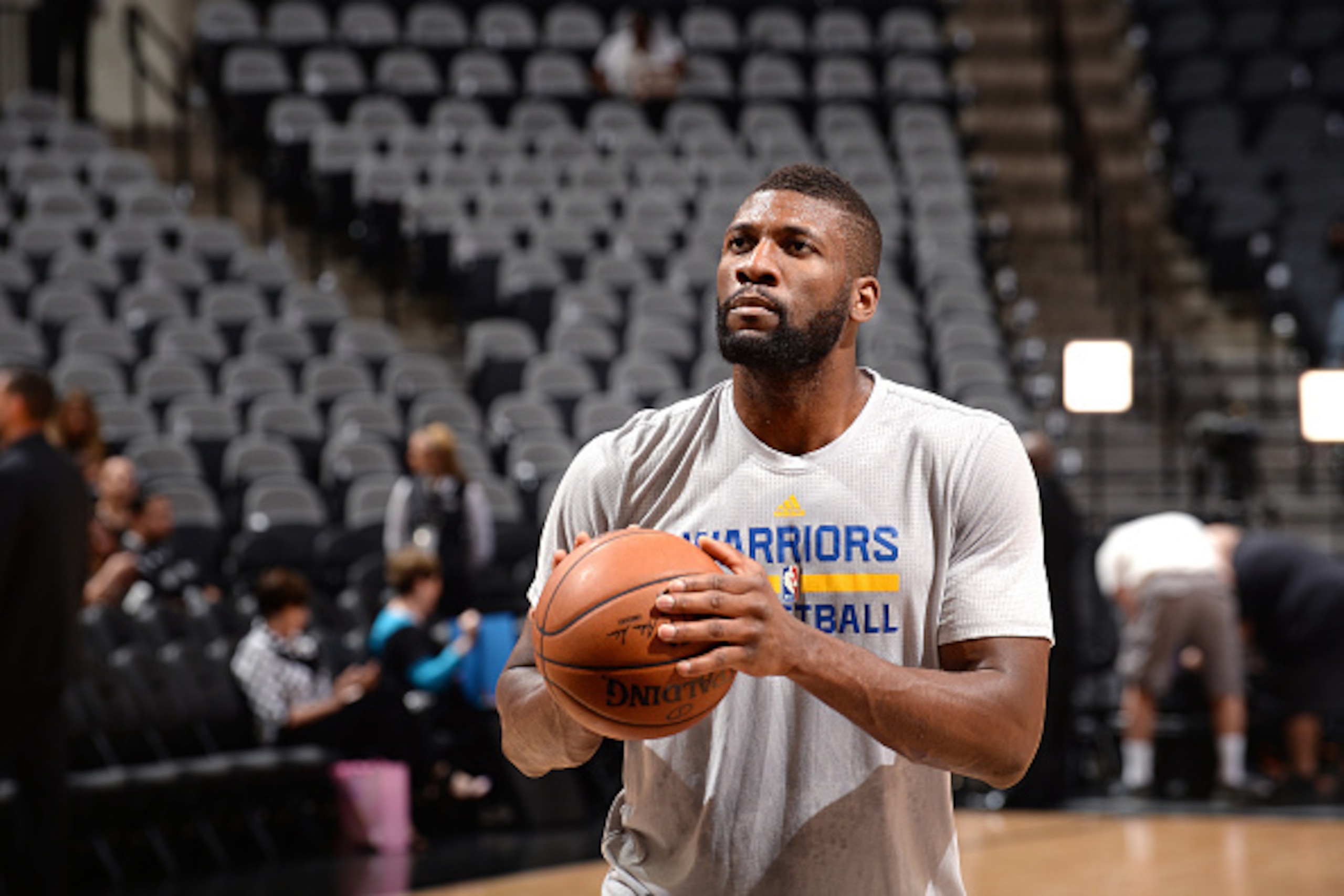 SAN ANTONIO, TX - APRIL 10: Festus Ezeli #31 of the Golden State Warriors warms up before the game against the San Antonio Spurs on April 10, 2016 at the AT&T Center in San Antonio, Texas. NOTE TO USER: User expressly acknowledges and agrees that, by down
